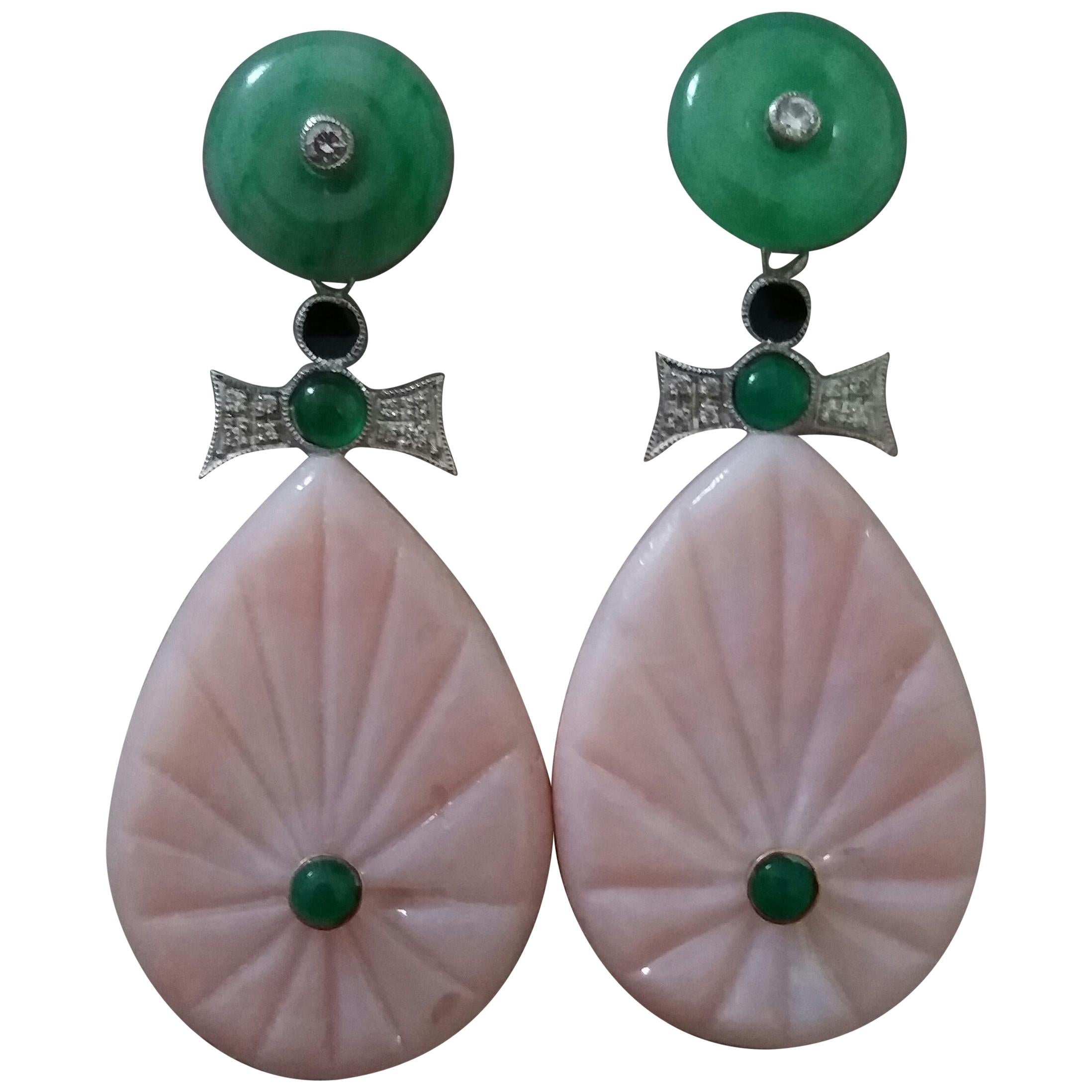 Art Deco Style Gold Diamonds Emerald Jades Enamel Carved Pink Opal Drop Earrings For Sale