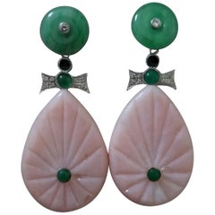 Art Deco Style Gold Diamonds Emerald Jades Enamel Carved Pink Opal Drop Earrings