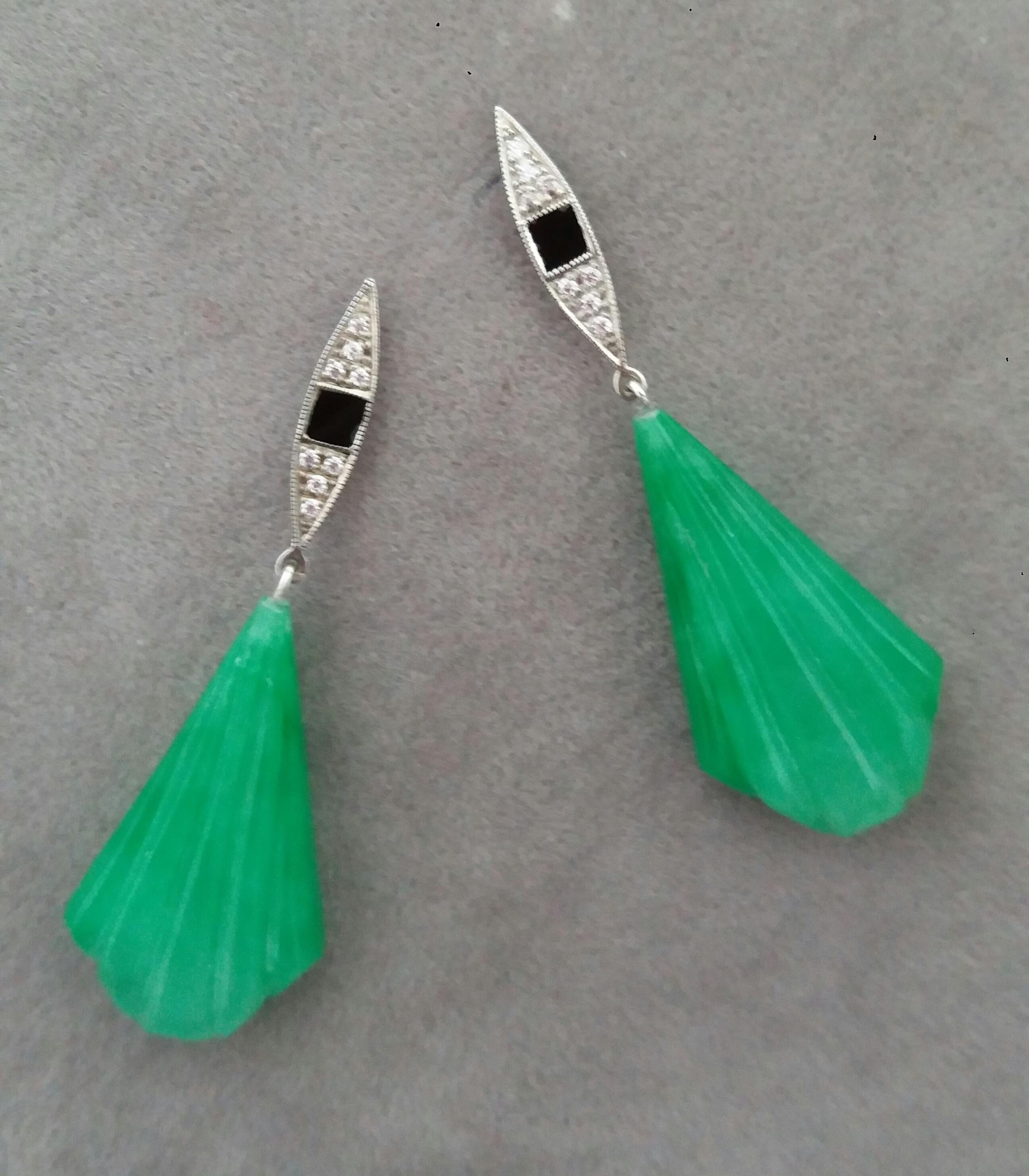 Kite Cut Art Deco Style Gold Diamonds Enamel Kite Shape Engraved Jades Dangle Earrings For Sale