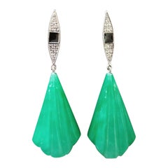 Vintage Art Deco Style Gold Diamonds Enamel Kite Shape Engraved Jades Dangle Earrings