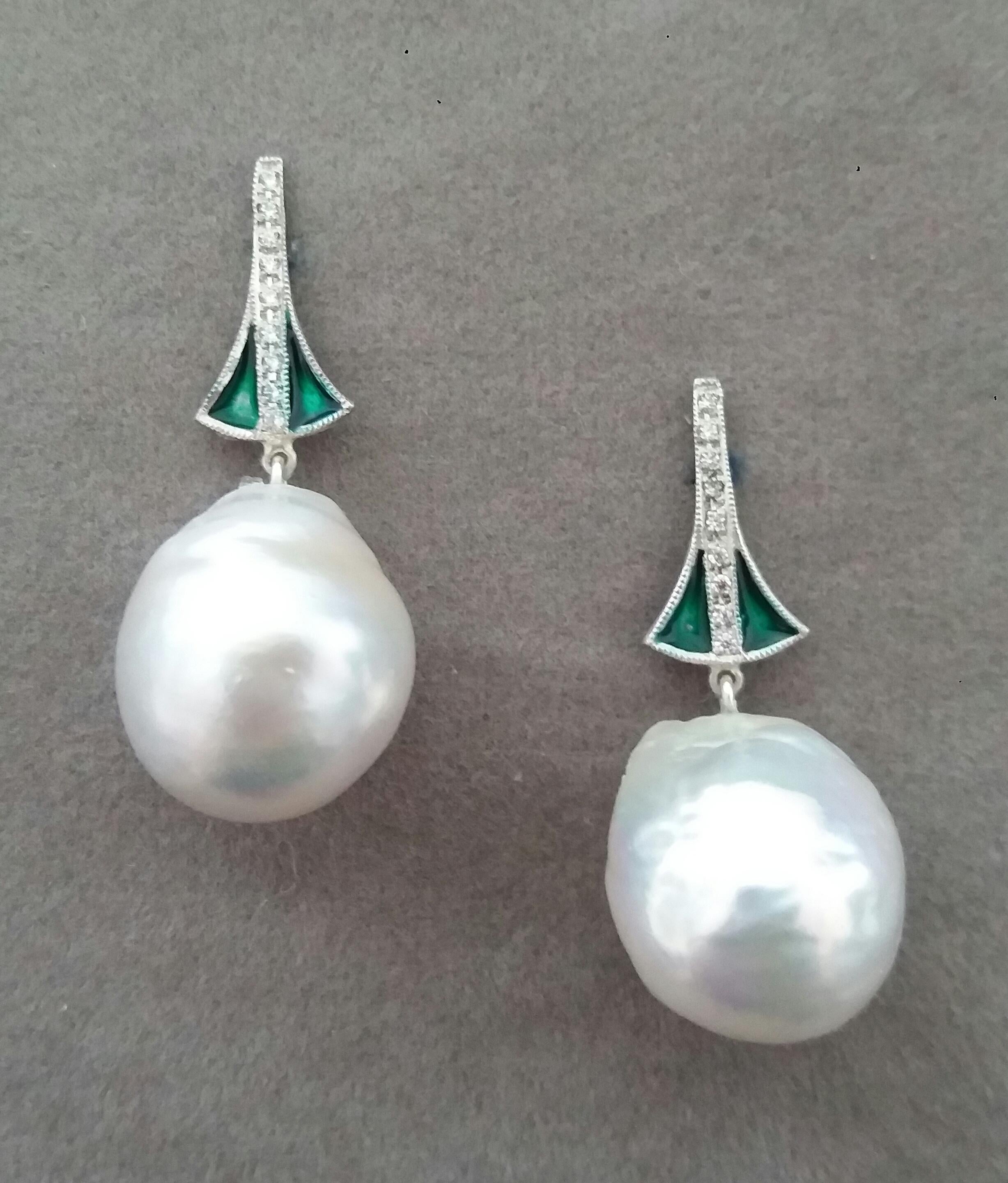 Unique pair of  earrings with on top 2 white gold elements with 18 full cut round Diamonds and Green  Enamel. In the bottom parts we have 2 White  Color Pear Shape Baroque Pearls measuring 14x 17 mm. and weighing 44 carats.

In 1978 our workshop