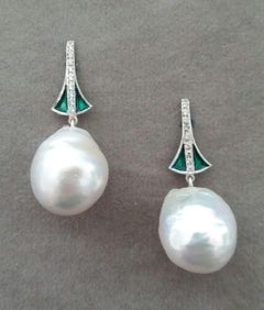 Art Deco Style Gold Diamonds Green Enamel Pear Shape Baroque Pearls Earrings