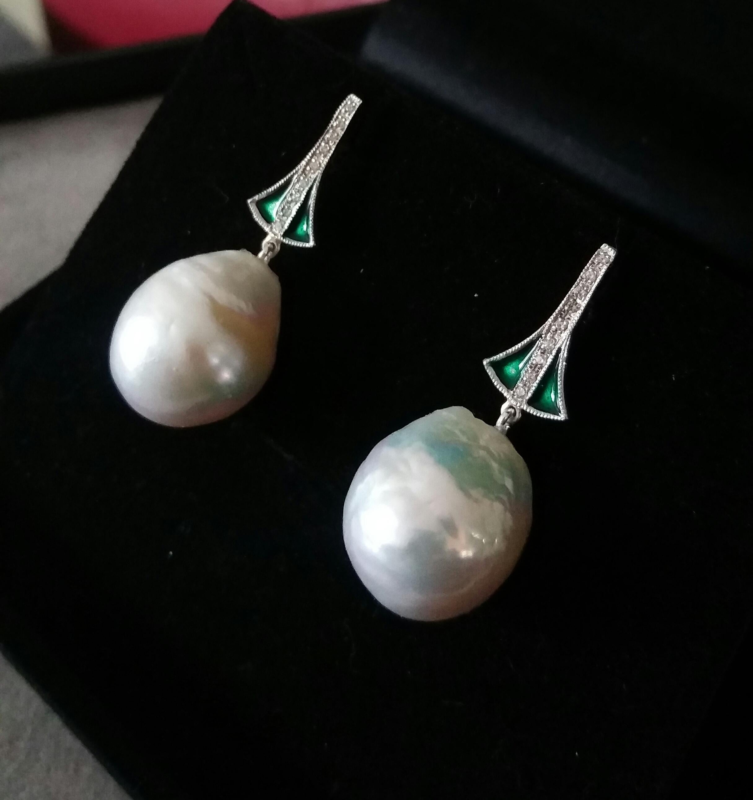 Art Deco Style Gold Diamonds Green Enamel Pear Shape Baroque Pearls Earrings In Good Condition For Sale In Bangkok, TH