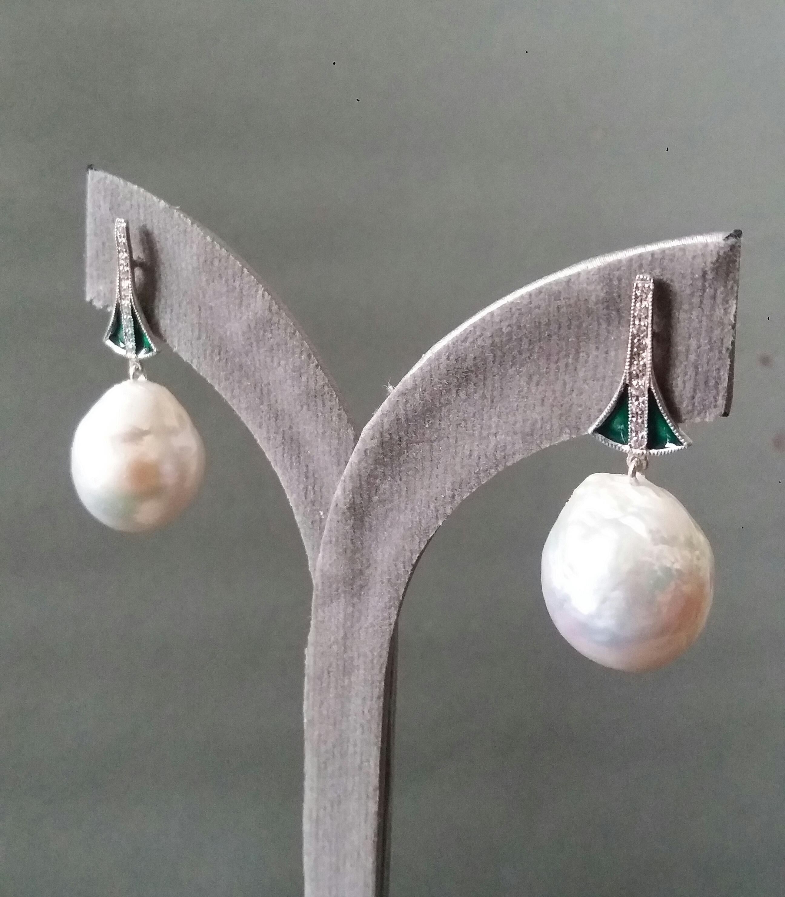 Women's Art Deco Style Gold Diamonds Green Enamel Pear Shape Baroque Pearls Earrings For Sale