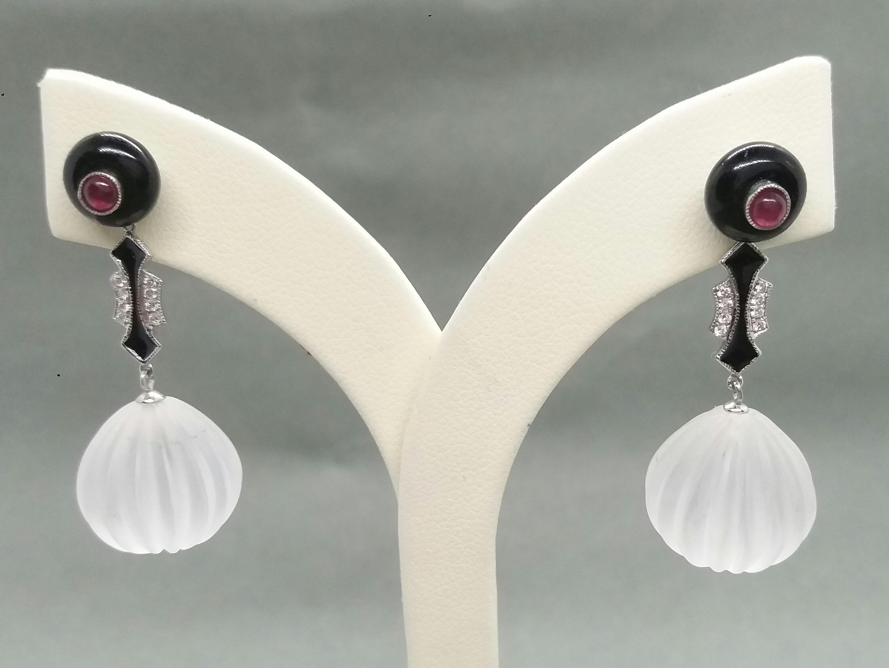 Art Deco Style Gold Diamonds Rubies Black Enamel Rock Crystal Round Carved Drops For Sale 3