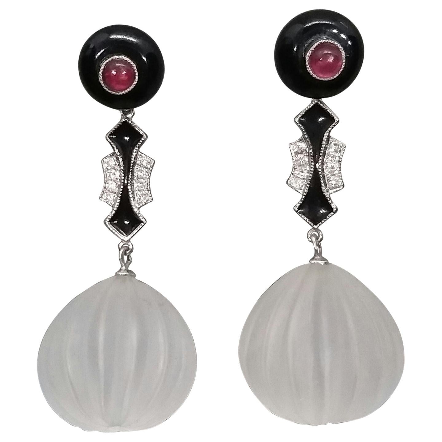 Art Deco Style Gold Diamonds Rubies Black Enamel Rock Crystal Round Carved Drops For Sale