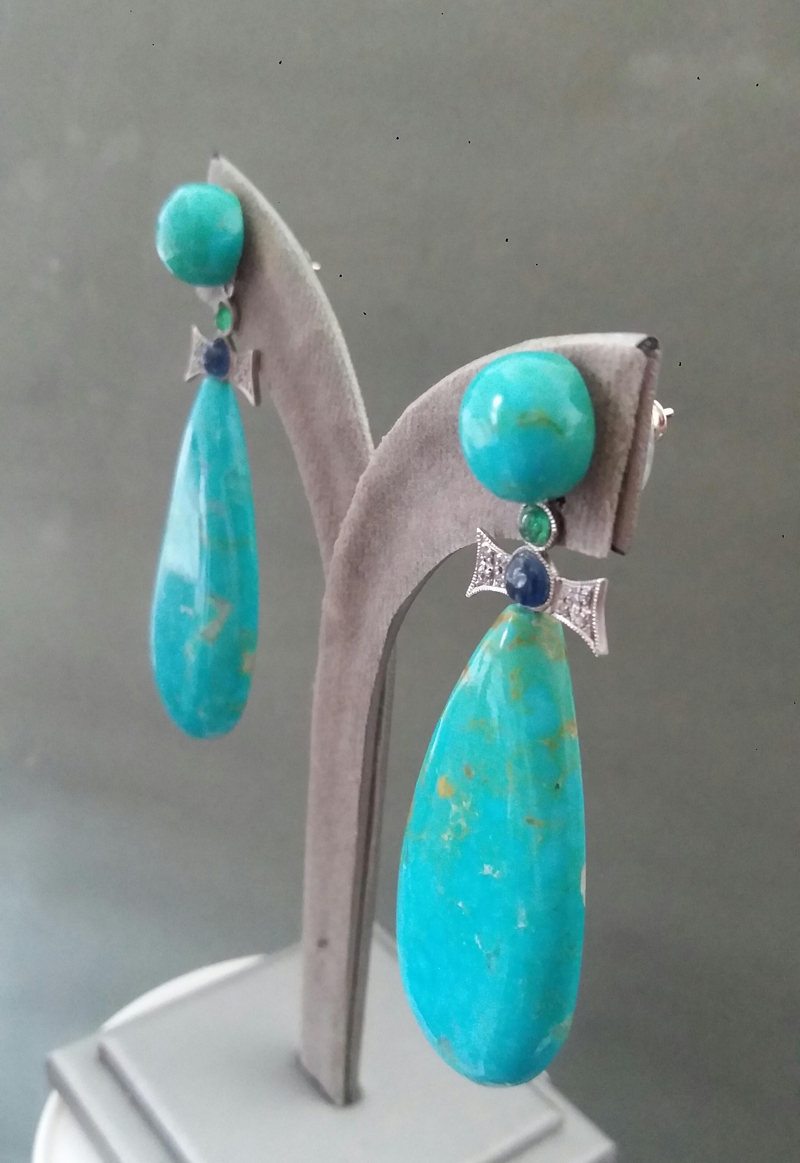Art Deco Style Gold Emeralds Sapphires Diamonds Natural Turquoise Drop Earrings For Sale 5