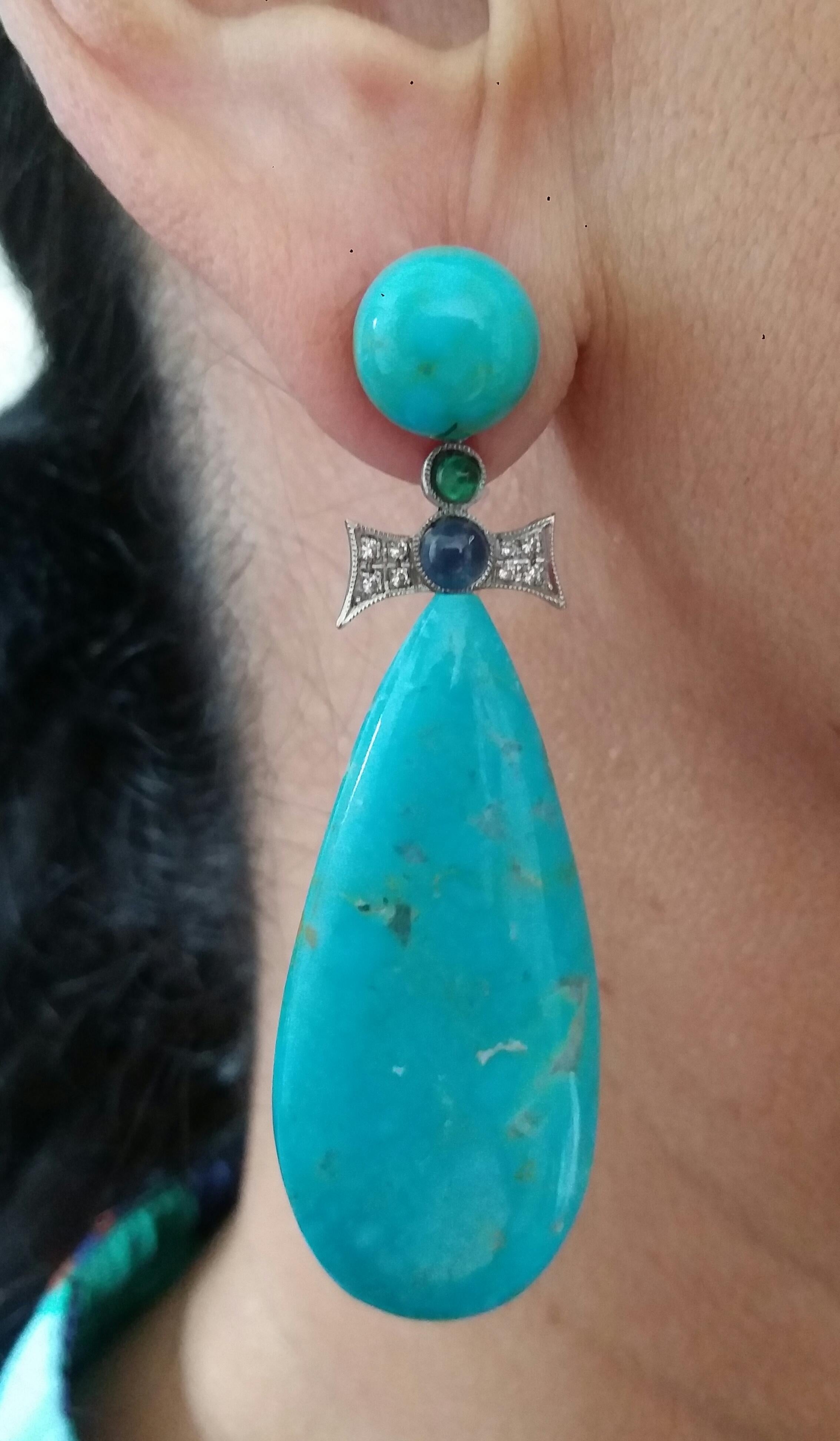 Art Deco Style Gold Emeralds Sapphires Diamonds Natural Turquoise Drop Earrings For Sale 7