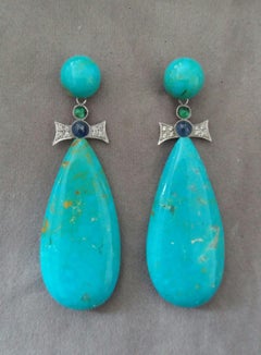Art Deco Style Gold Emeralds Sapphires Diamonds Natural Turquoise Drop Earrings