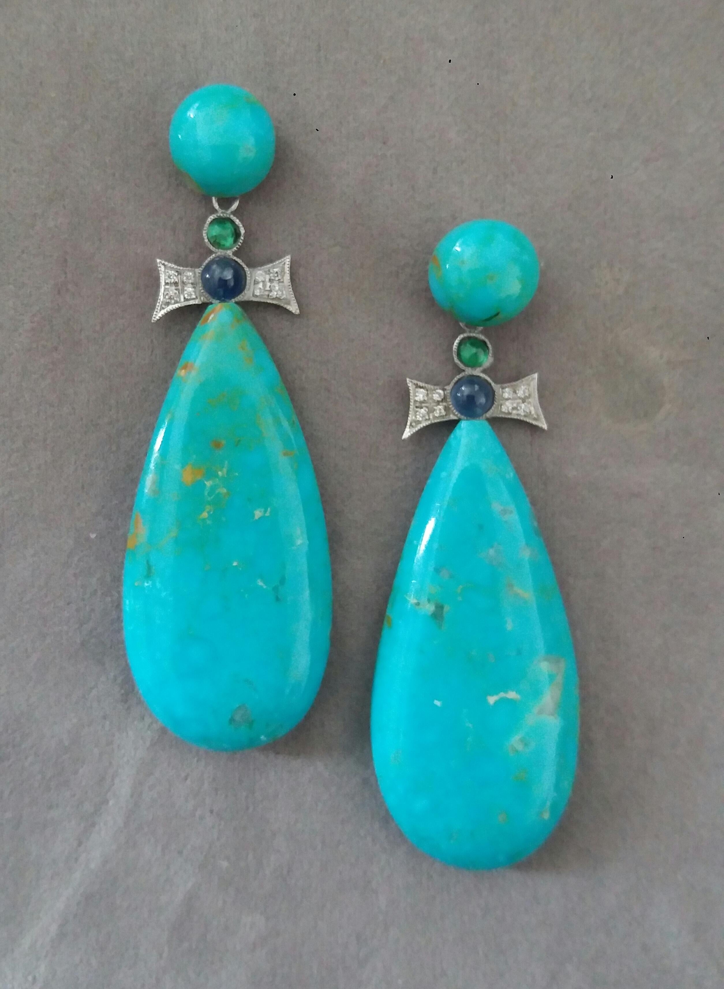 Mixed Cut Art Deco Style Gold Emeralds Sapphires Diamonds Natural Turquoise Drop Earrings For Sale
