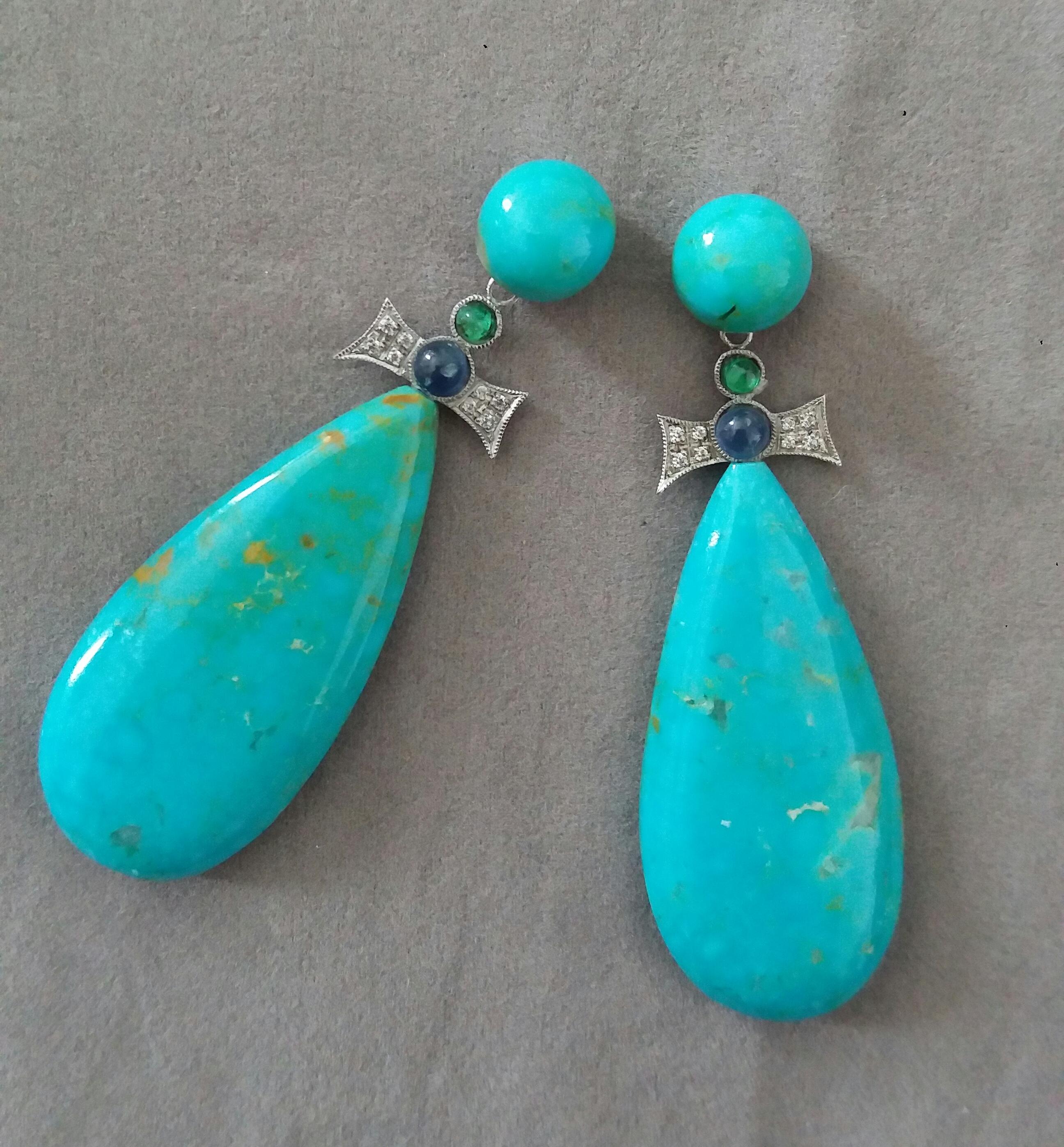 Art Deco Style Gold Emeralds Sapphires Diamonds Natural Turquoise Drop Earrings In Excellent Condition For Sale In Bangkok, TH