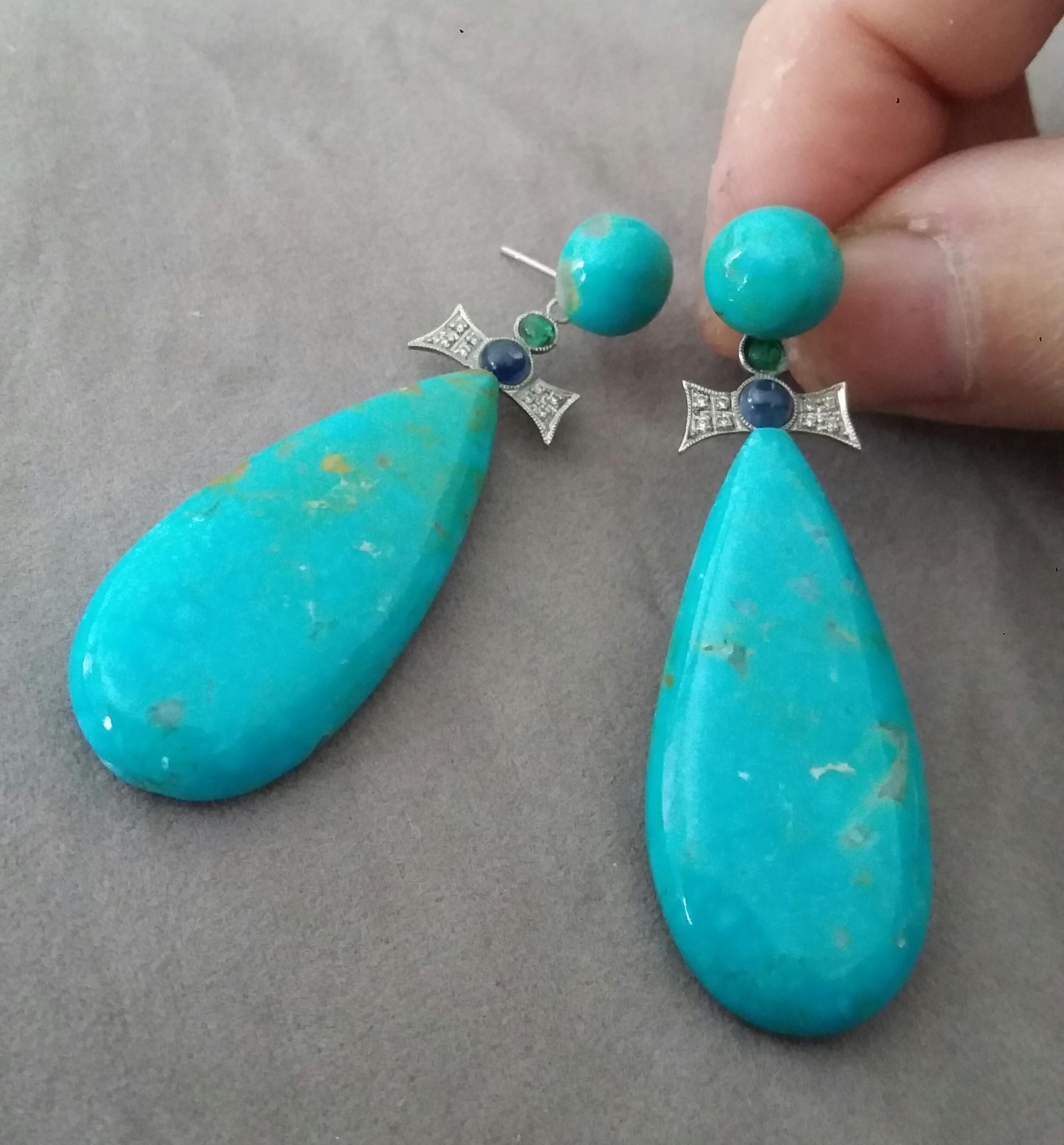 Art Deco Style Gold Emeralds Sapphires Diamonds Natural Turquoise Drop Earrings For Sale 1