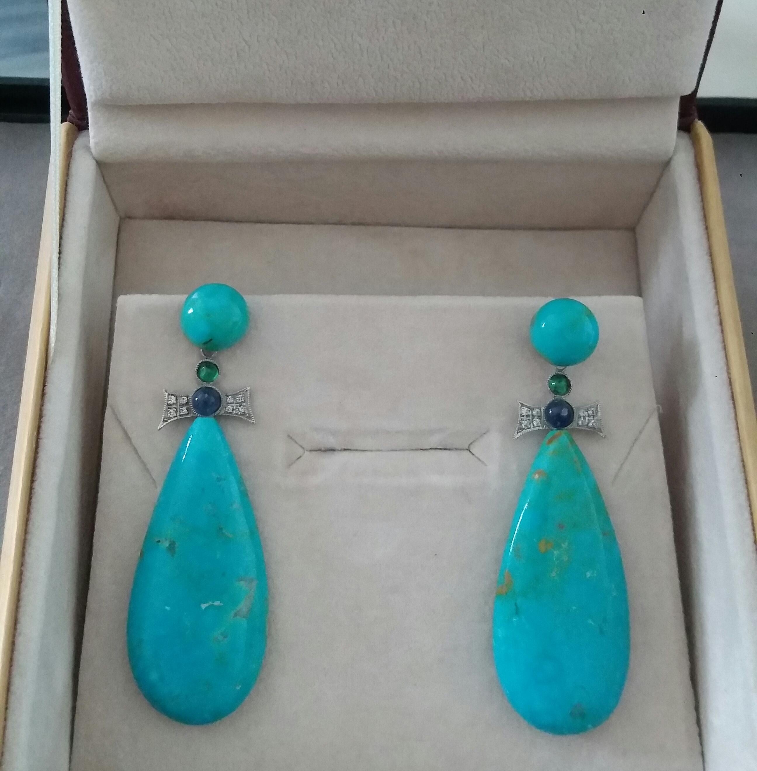 Art Deco Style Gold Emeralds Sapphires Diamonds Natural Turquoise Drop Earrings For Sale 2