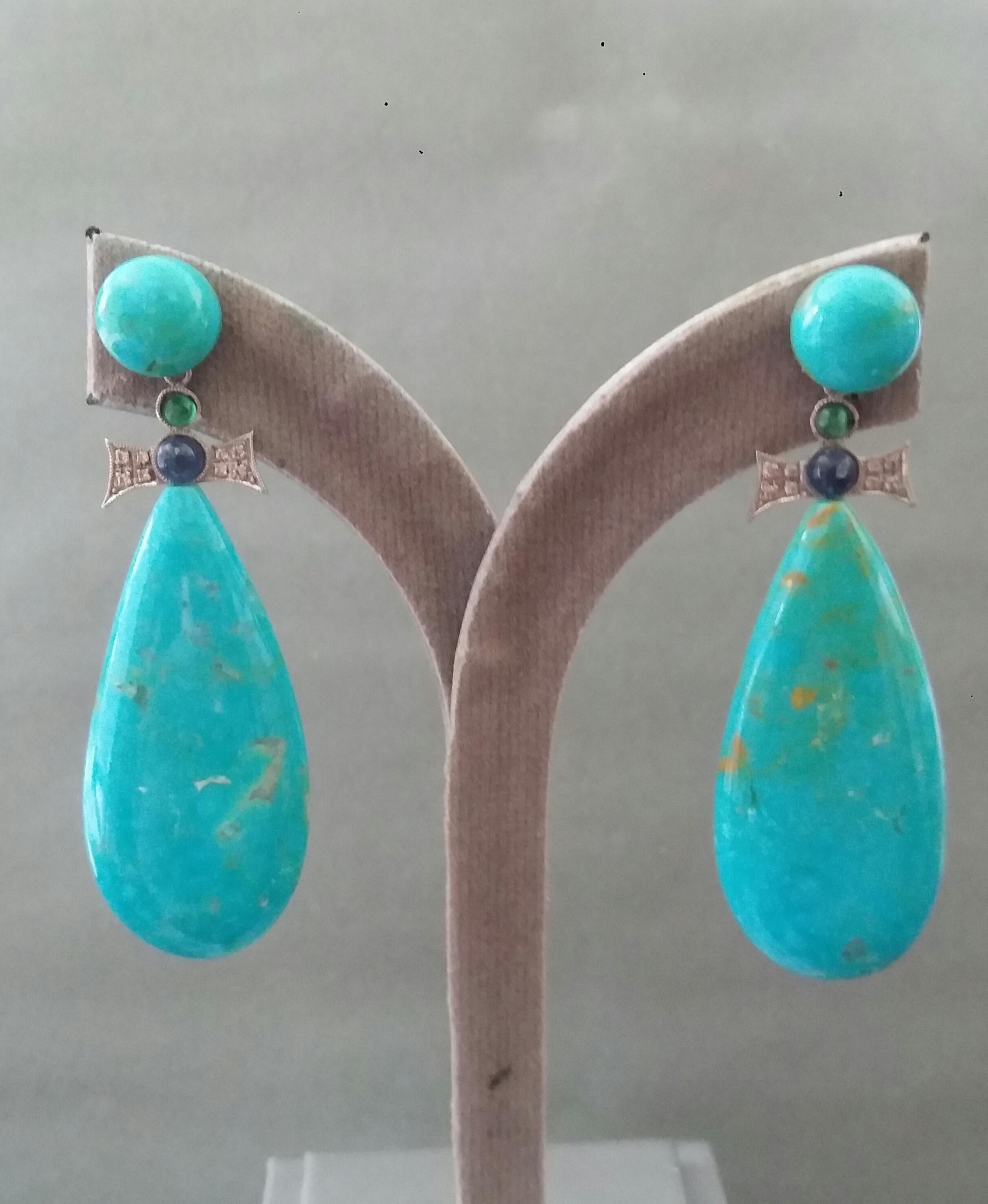 Art Deco Style Gold Emeralds Sapphires Diamonds Natural Turquoise Drop Earrings For Sale 4