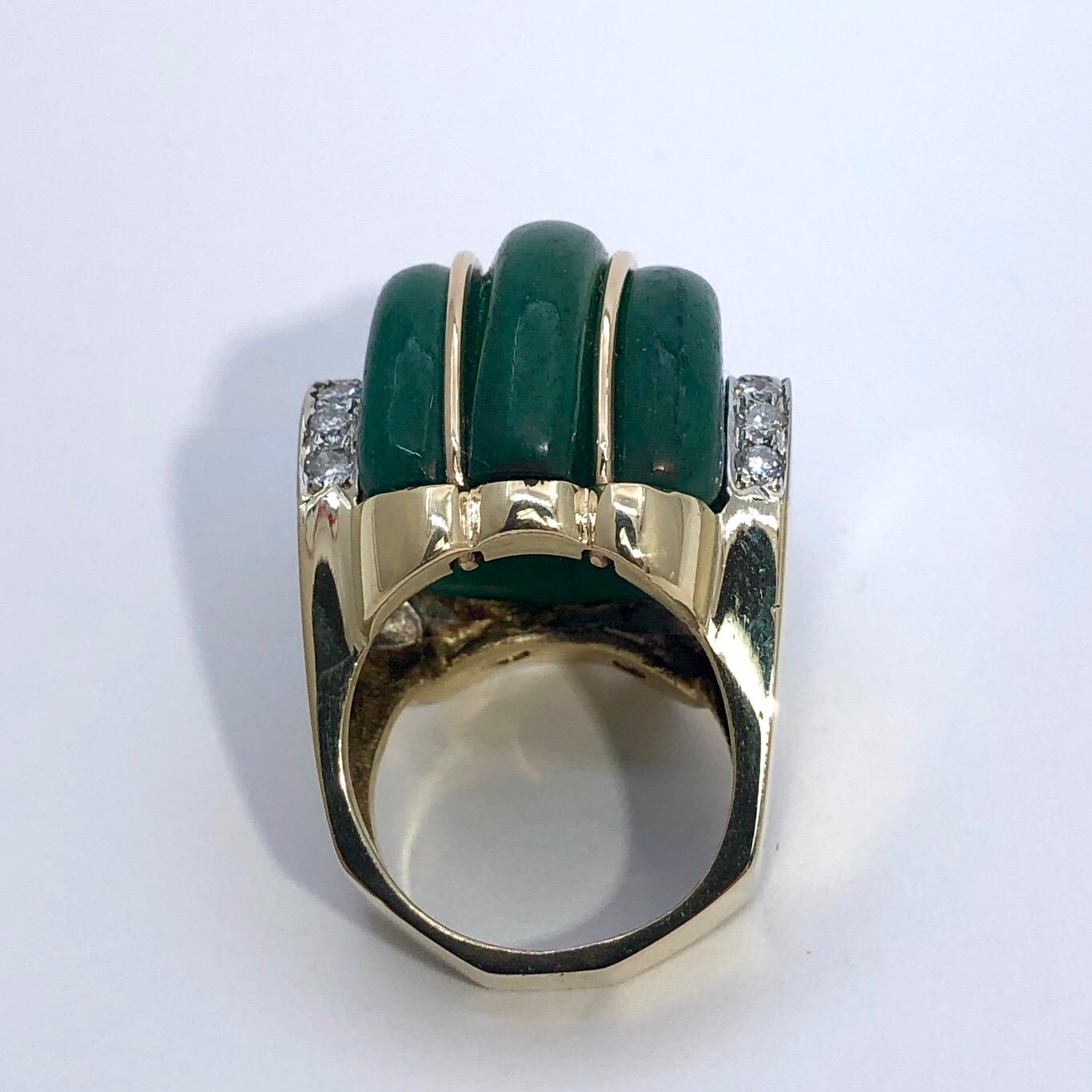 Cabochon Art Deco Style Gold, Green Aventurine and Diamond Ring