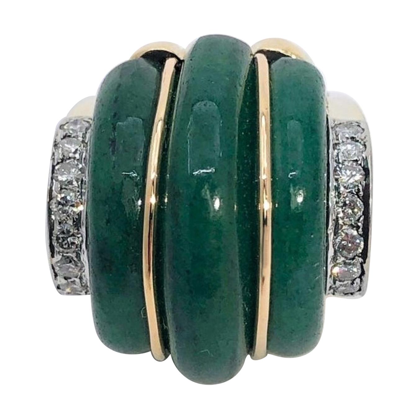 Art Deco Style Gold, Green Aventurine and Diamond Ring
