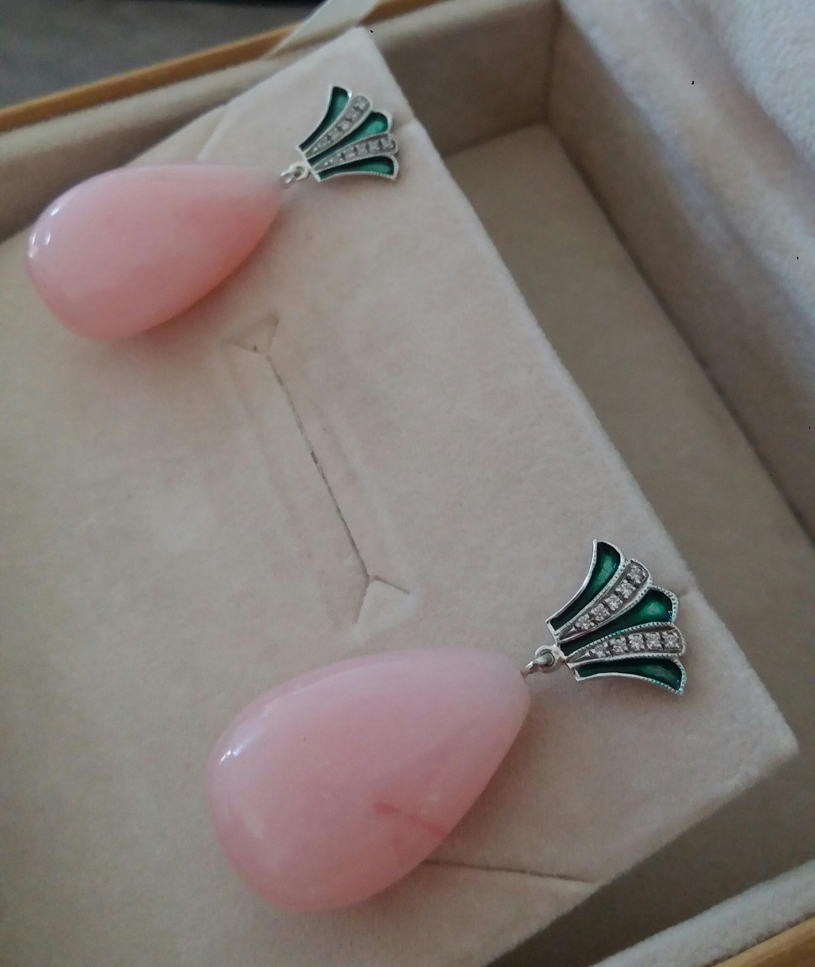 Art Deco Style Gold Round Drops Pink Opal Diamonds Green Enamel Dangle Earrings For Sale 4