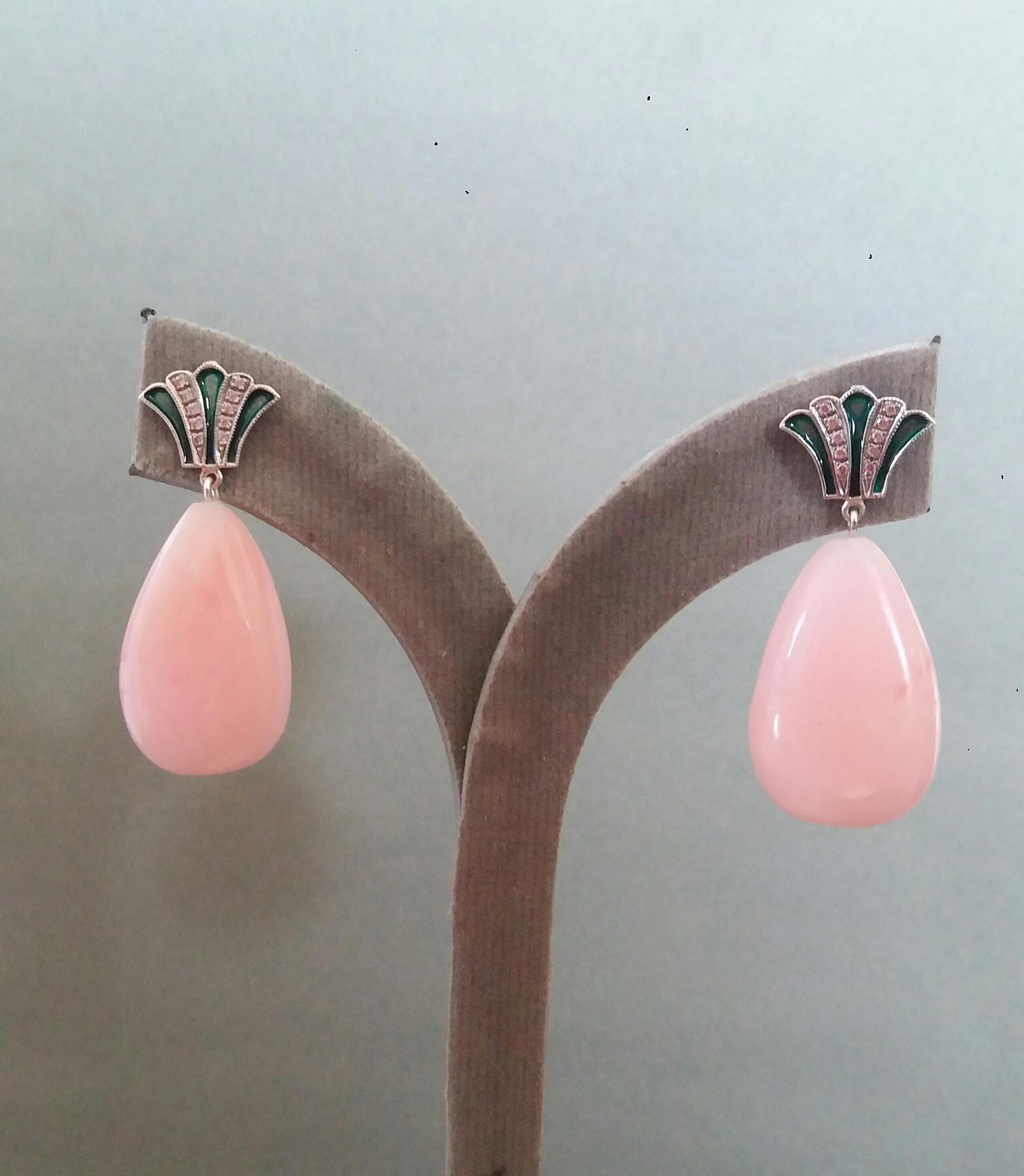 Art Deco Style Gold Round Drops Pink Opal Diamonds Green Enamel Dangle Earrings For Sale 5