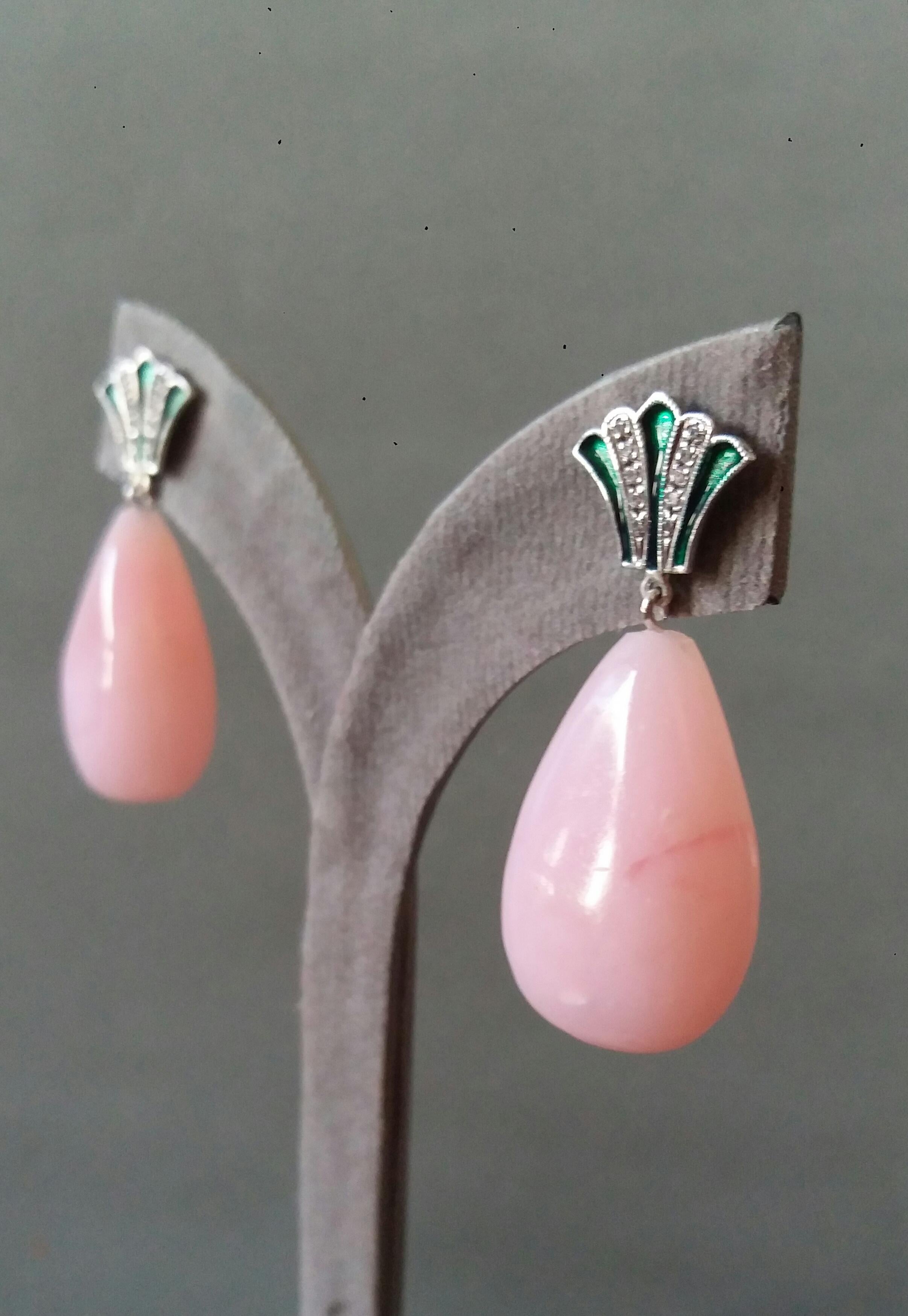 Art Deco Style Gold Round Drops Pink Opal Diamonds Green Enamel Dangle Earrings For Sale 6