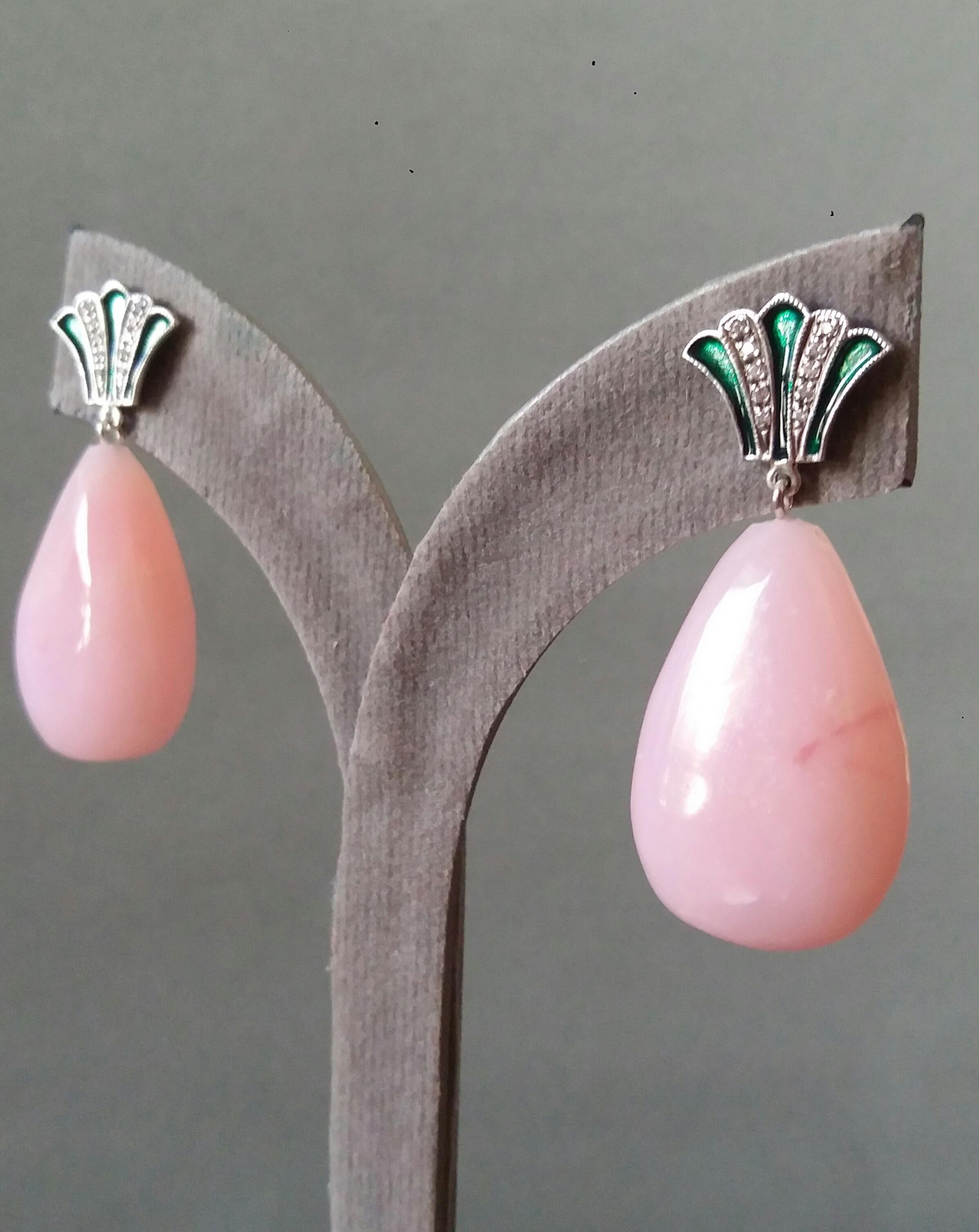 Art Deco Style Gold Round Drops Pink Opal Diamonds Green Enamel Dangle Earrings For Sale 7