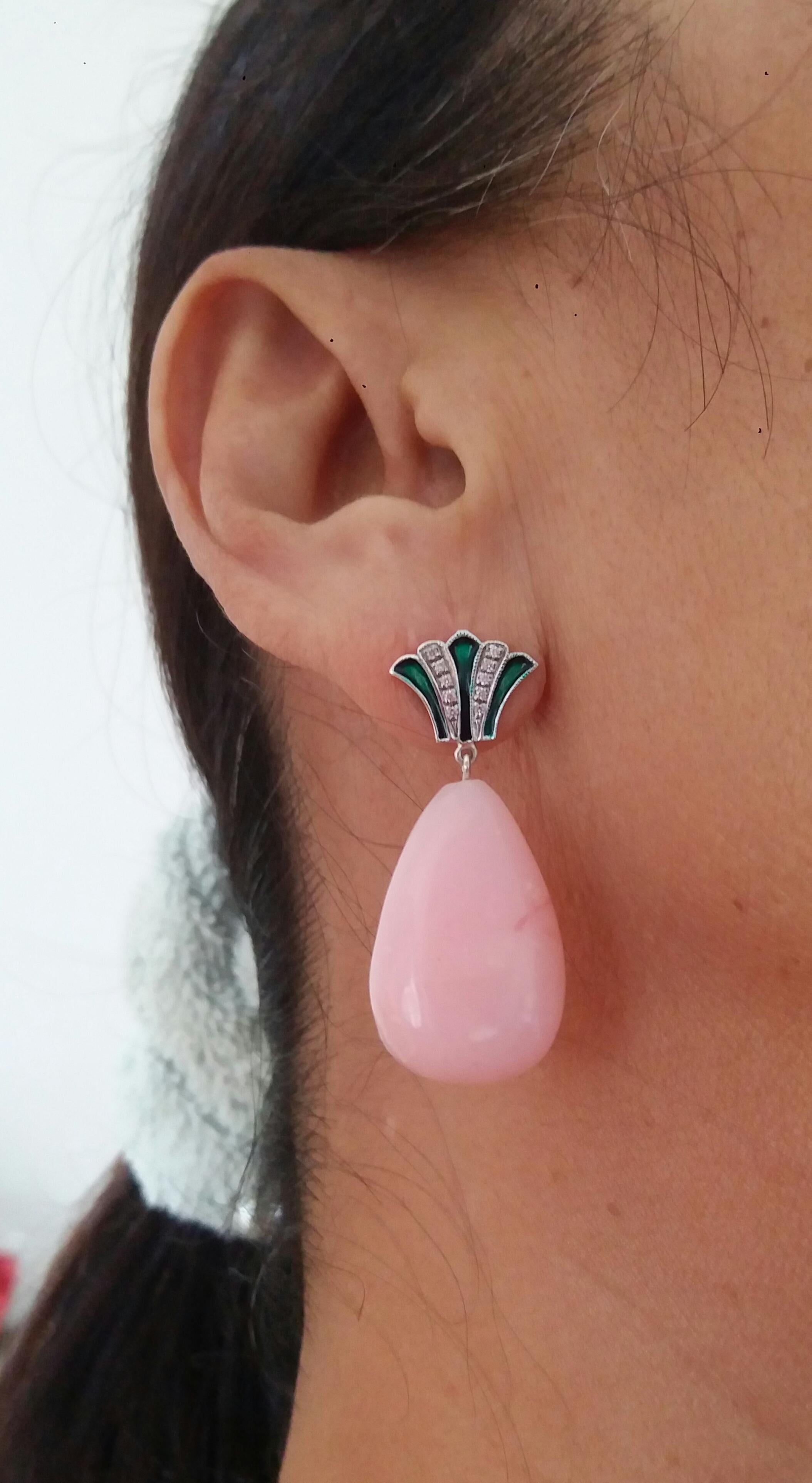 Art Deco Style Gold Round Drops Pink Opal Diamonds Green Enamel Dangle Earrings For Sale 8
