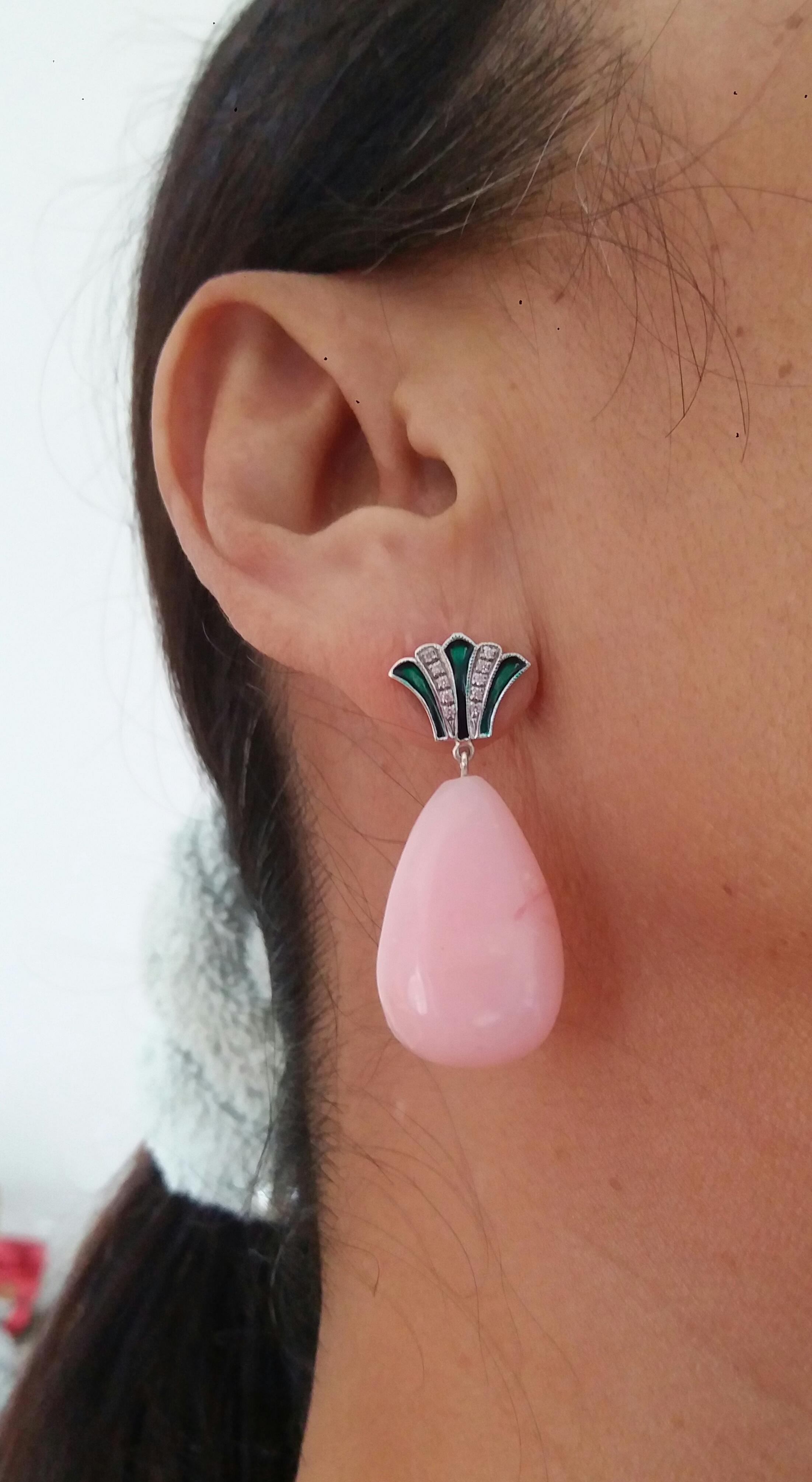 Art Deco Style Gold Round Drops Pink Opal Diamonds Green Enamel Dangle Earrings For Sale 9