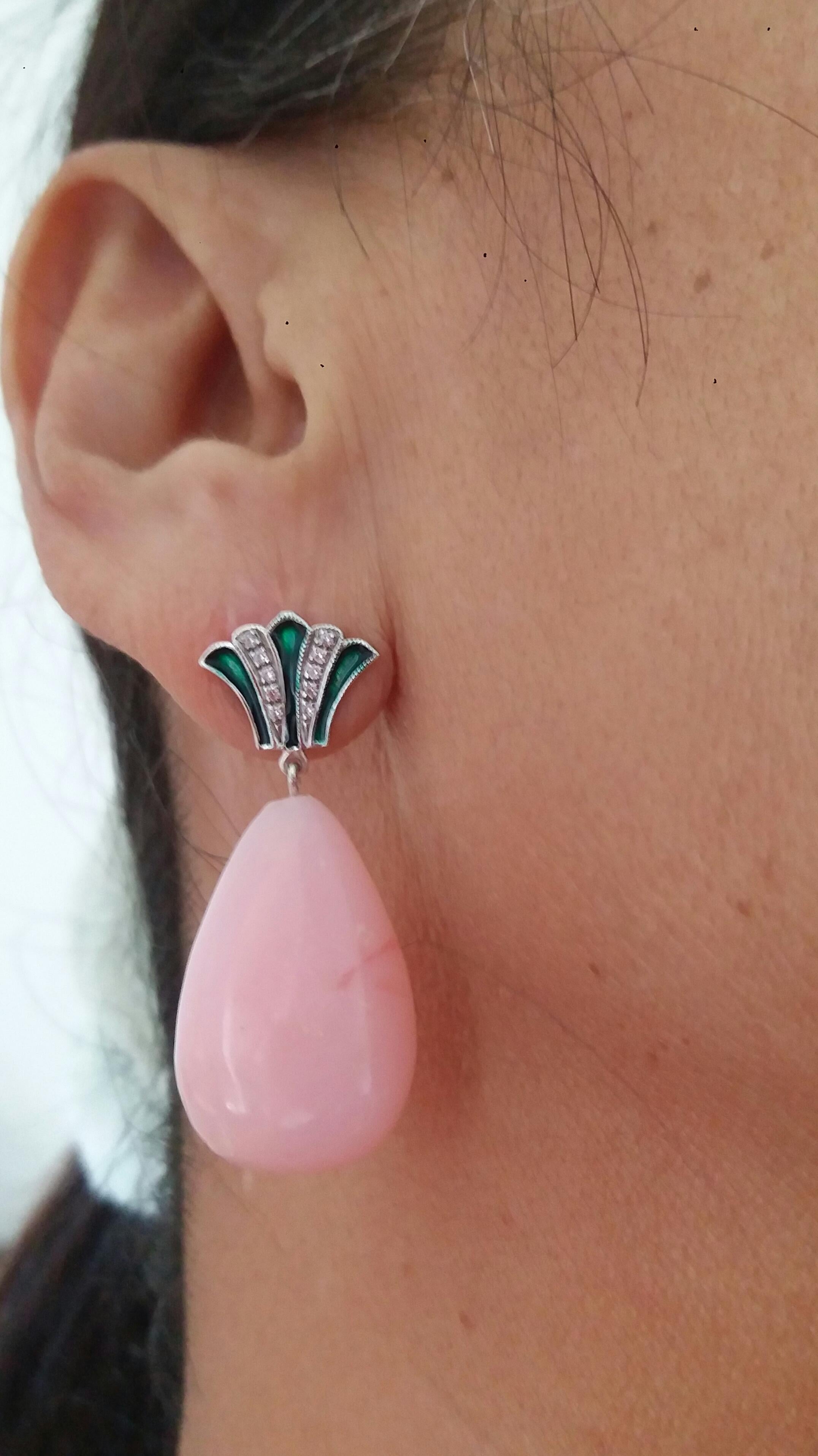 Art Deco Style Gold Round Drops Pink Opal Diamonds Green Enamel Dangle Earrings For Sale 10