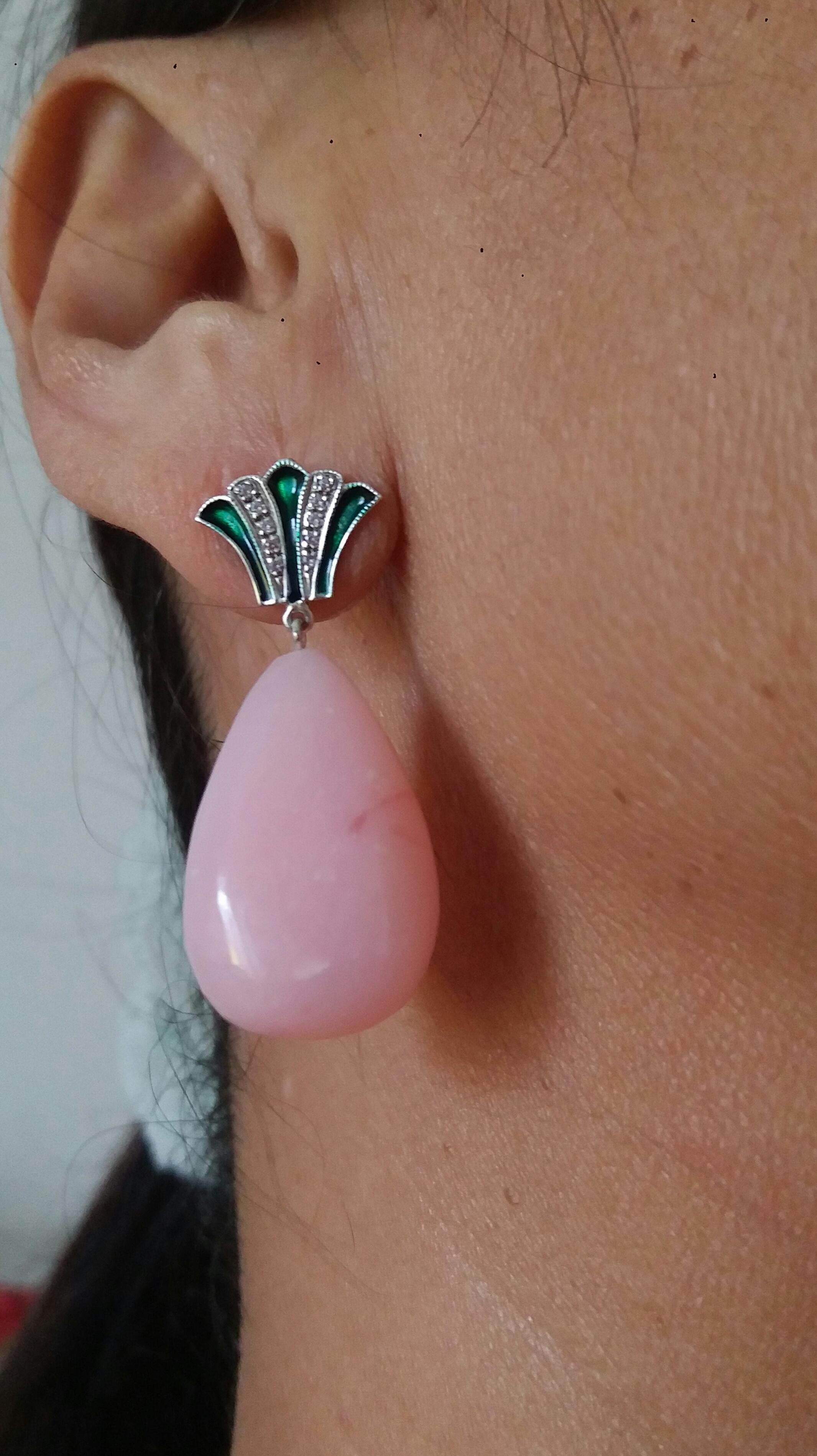 Art Deco Style Gold Round Drops Pink Opal Diamonds Green Enamel Dangle Earrings For Sale 11