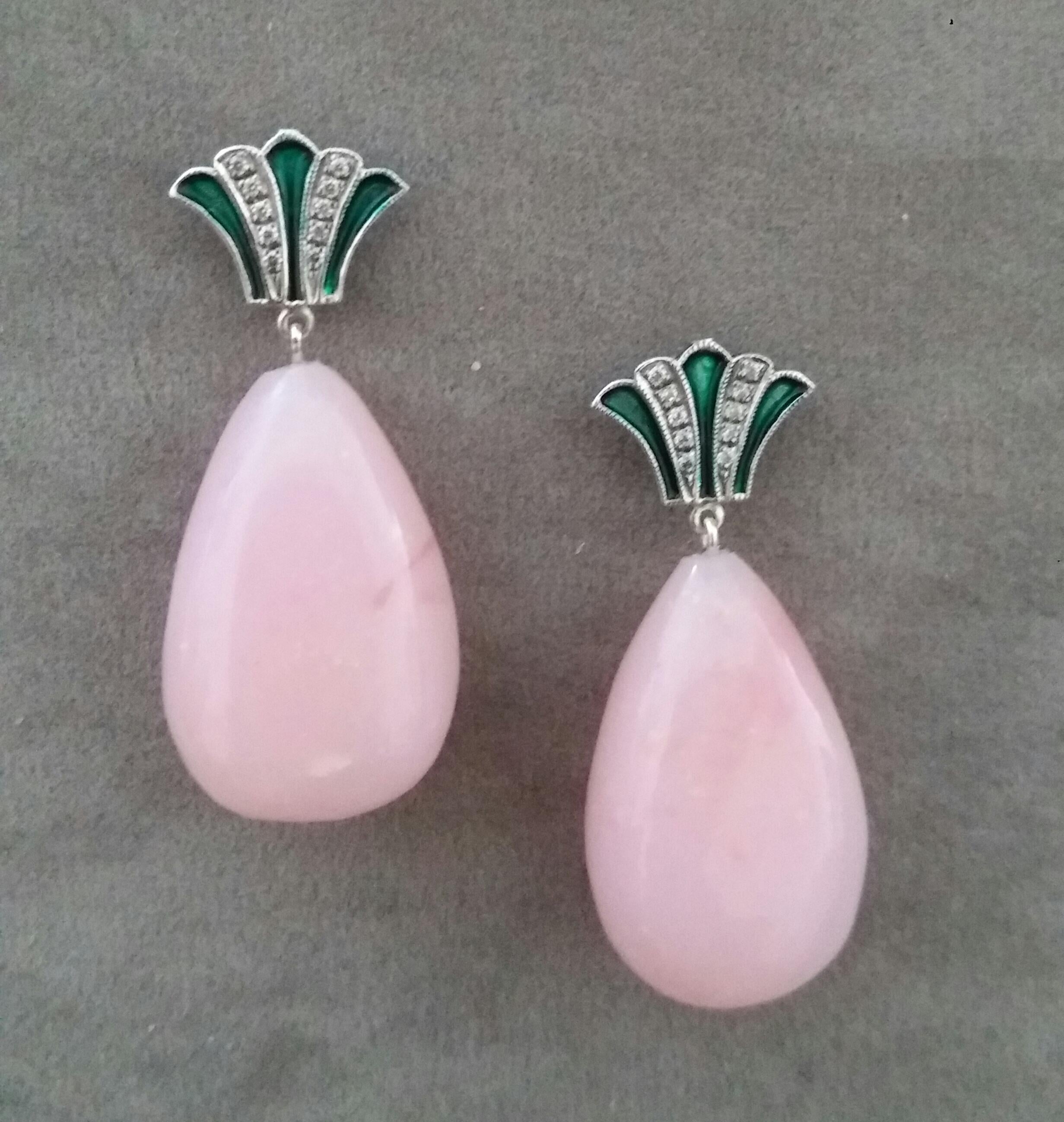 Pear Cut Art Deco Style Gold Round Drops Pink Opal Diamonds Green Enamel Dangle Earrings For Sale