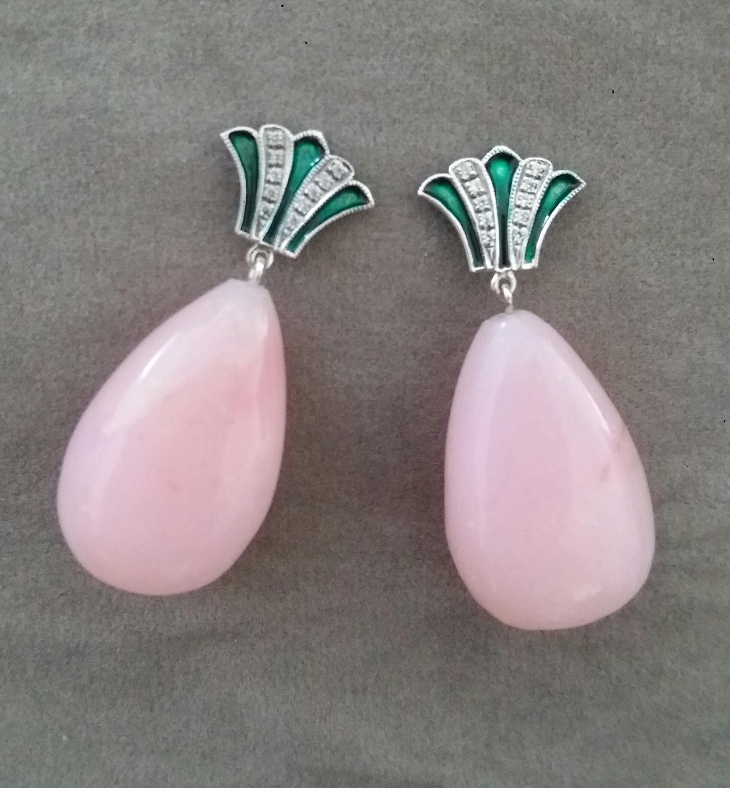 Art Deco Style Gold Round Drops Pink Opal Diamonds Green Enamel Dangle Earrings In Good Condition For Sale In Bangkok, TH