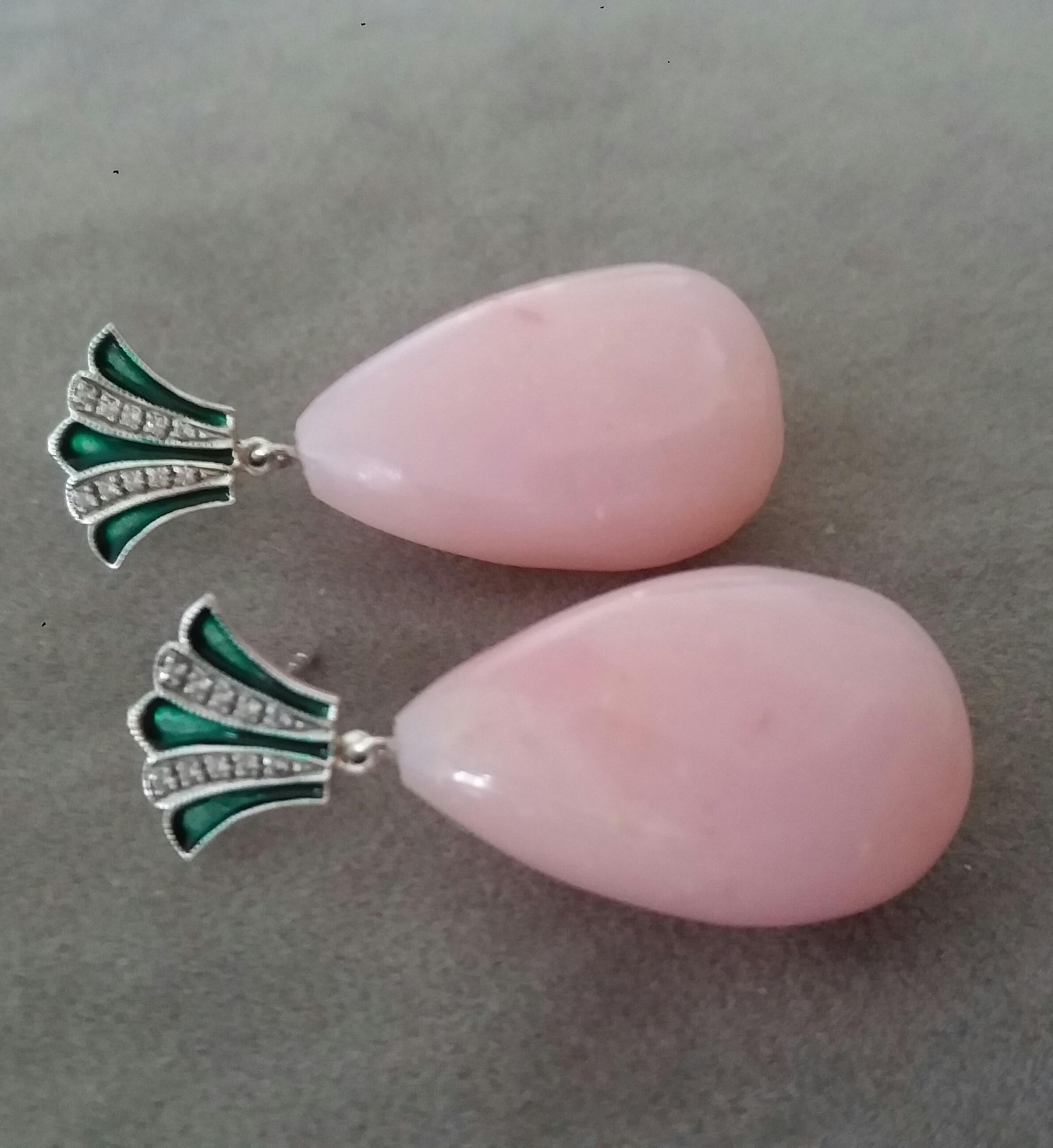 Women's Art Deco Style Gold Round Drops Pink Opal Diamonds Green Enamel Dangle Earrings For Sale