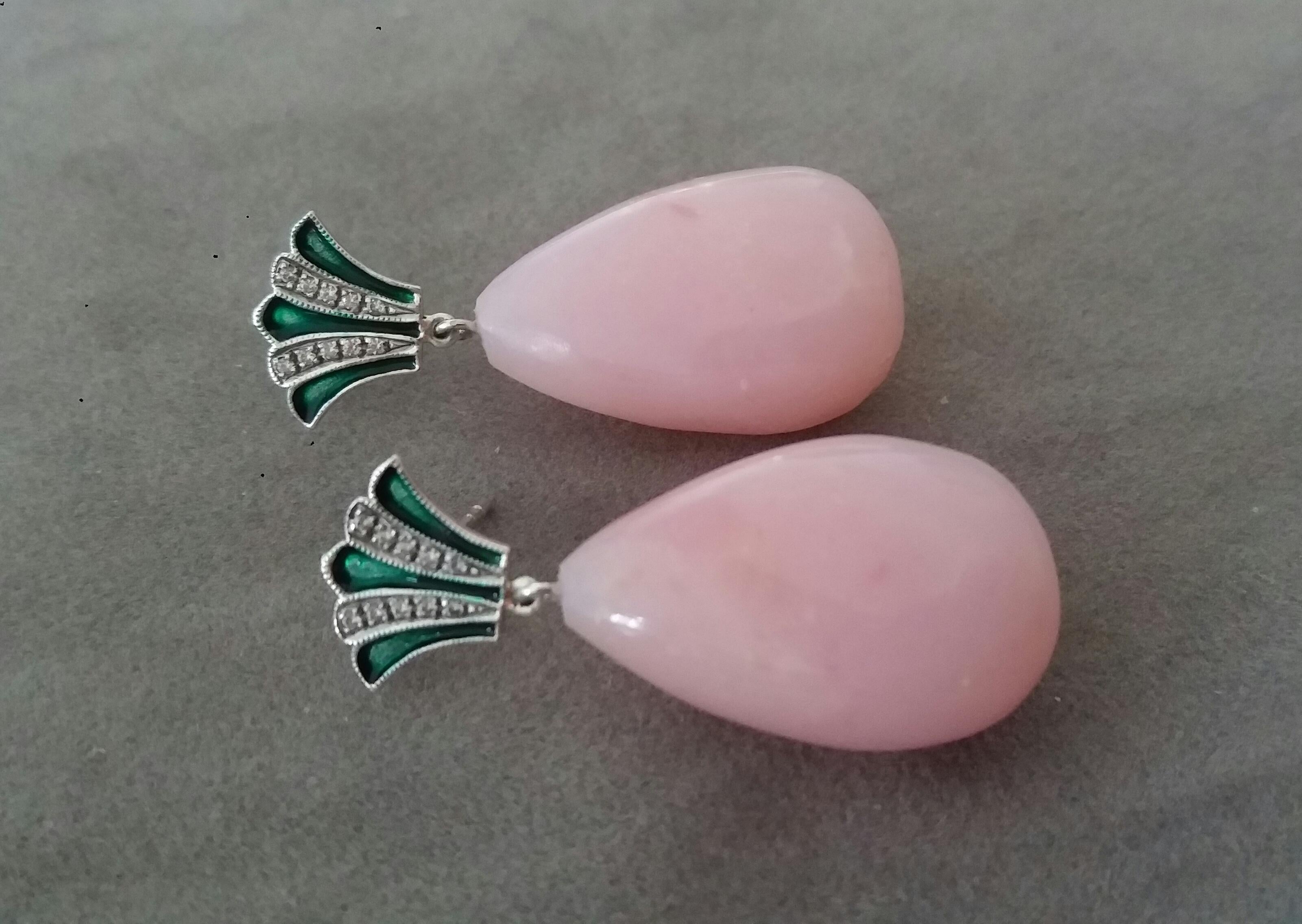 Art Deco Style Gold Round Drops Pink Opal Diamonds Green Enamel Dangle Earrings For Sale 1