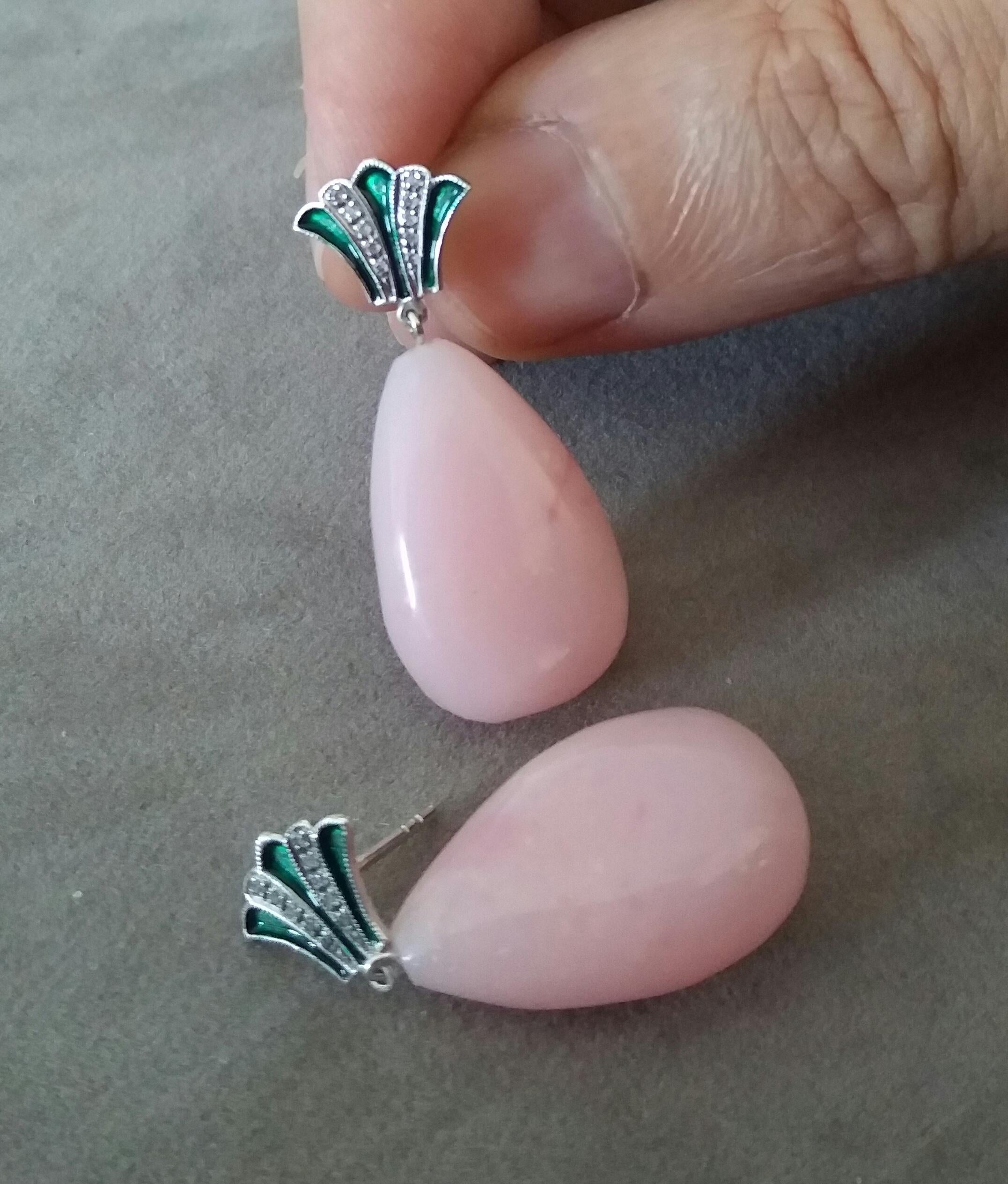 Art Deco Style Gold Round Drops Pink Opal Diamonds Green Enamel Dangle Earrings For Sale 2