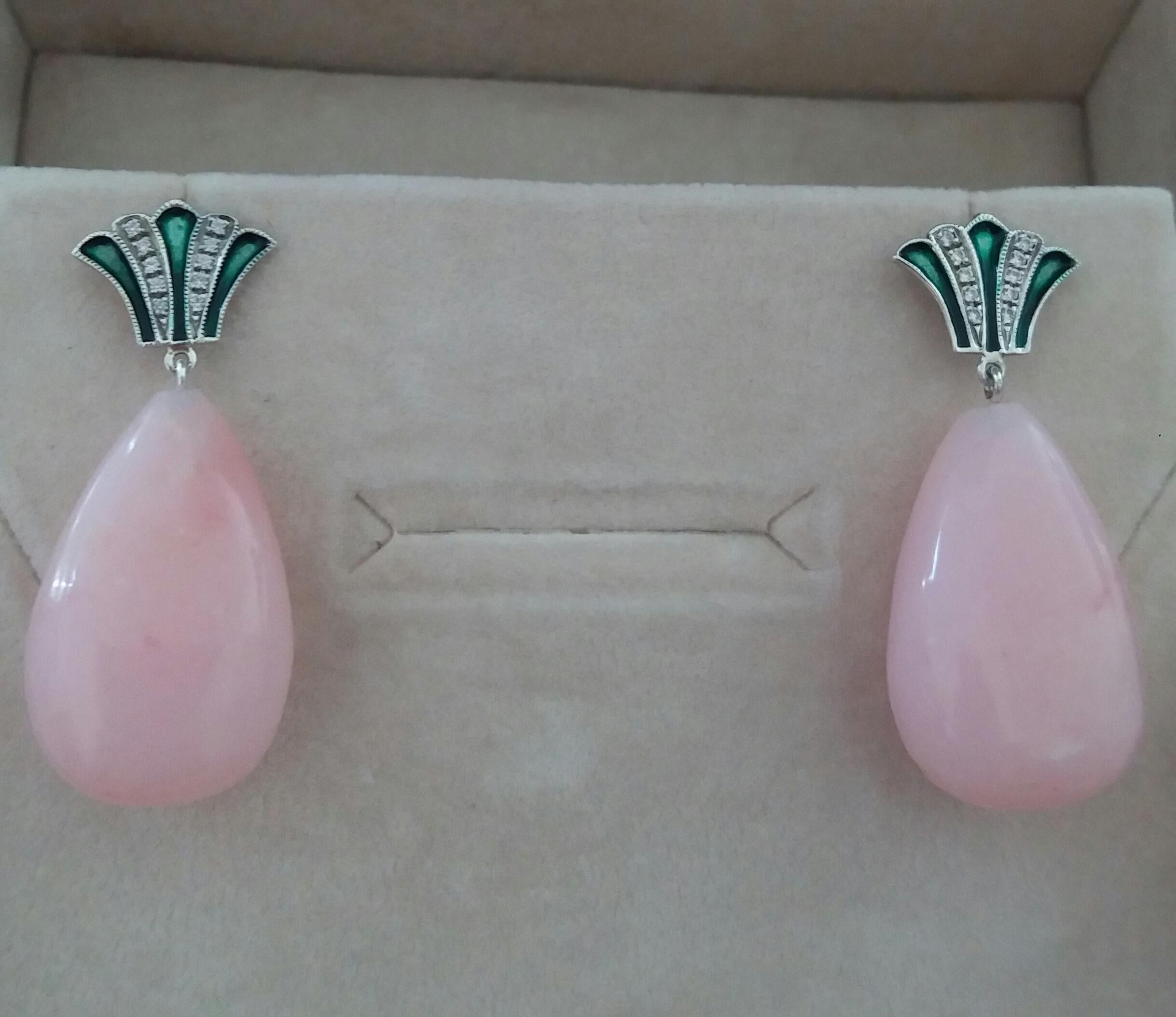 Art Deco Style Gold Round Drops Pink Opal Diamonds Green Enamel Dangle Earrings For Sale 3