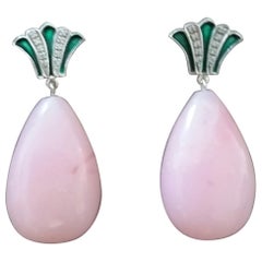 Ohrhänger im Art-déco-Stil aus Gold mit runden Tropfen, rosa Opal und Diamanten, grüne Emaille