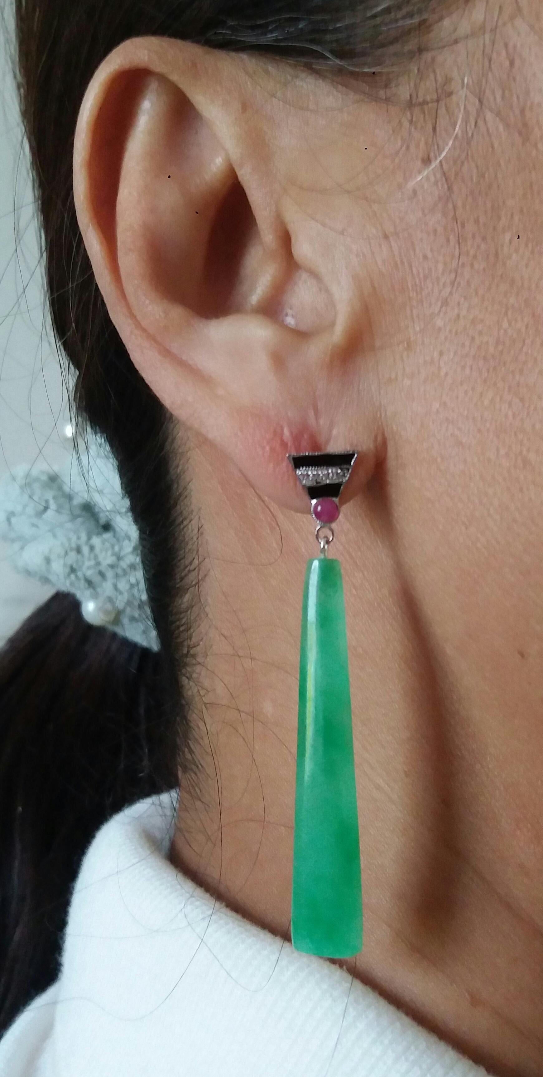 Art Deco Style Gold Rubies Diamonds Black Enamel Engraved Jade Dangle Earrings For Sale 6