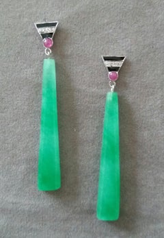 Art Deco Style Gold Rubies Diamonds Black Enamel Engraved Jade Dangle Earrings