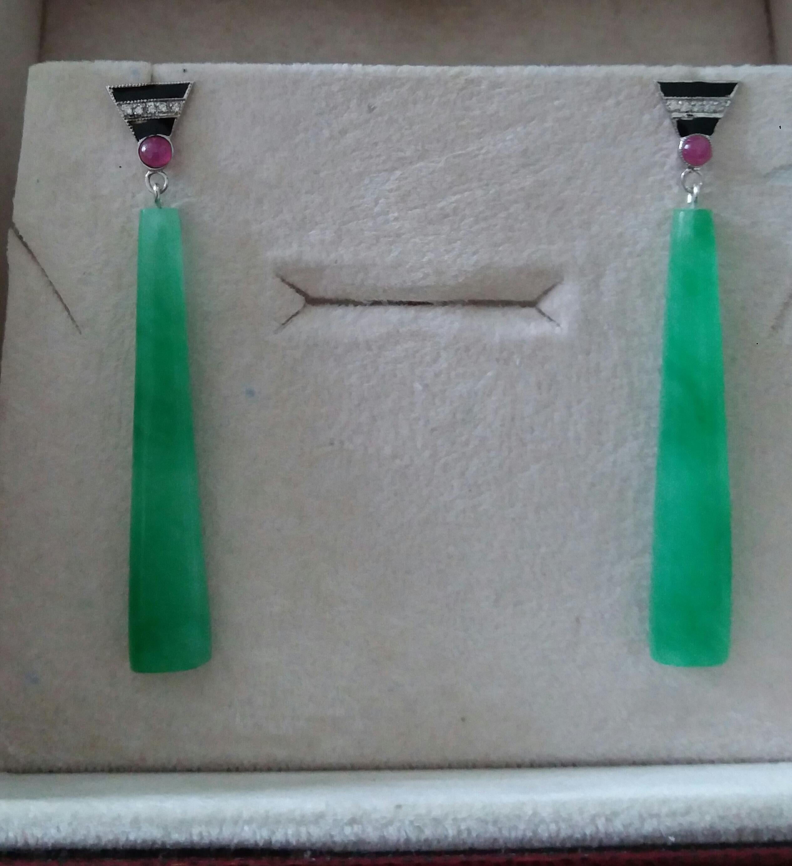 Art Deco Style Gold Rubies Diamonds Black Enamel Engraved Jade Dangle Earrings For Sale 2
