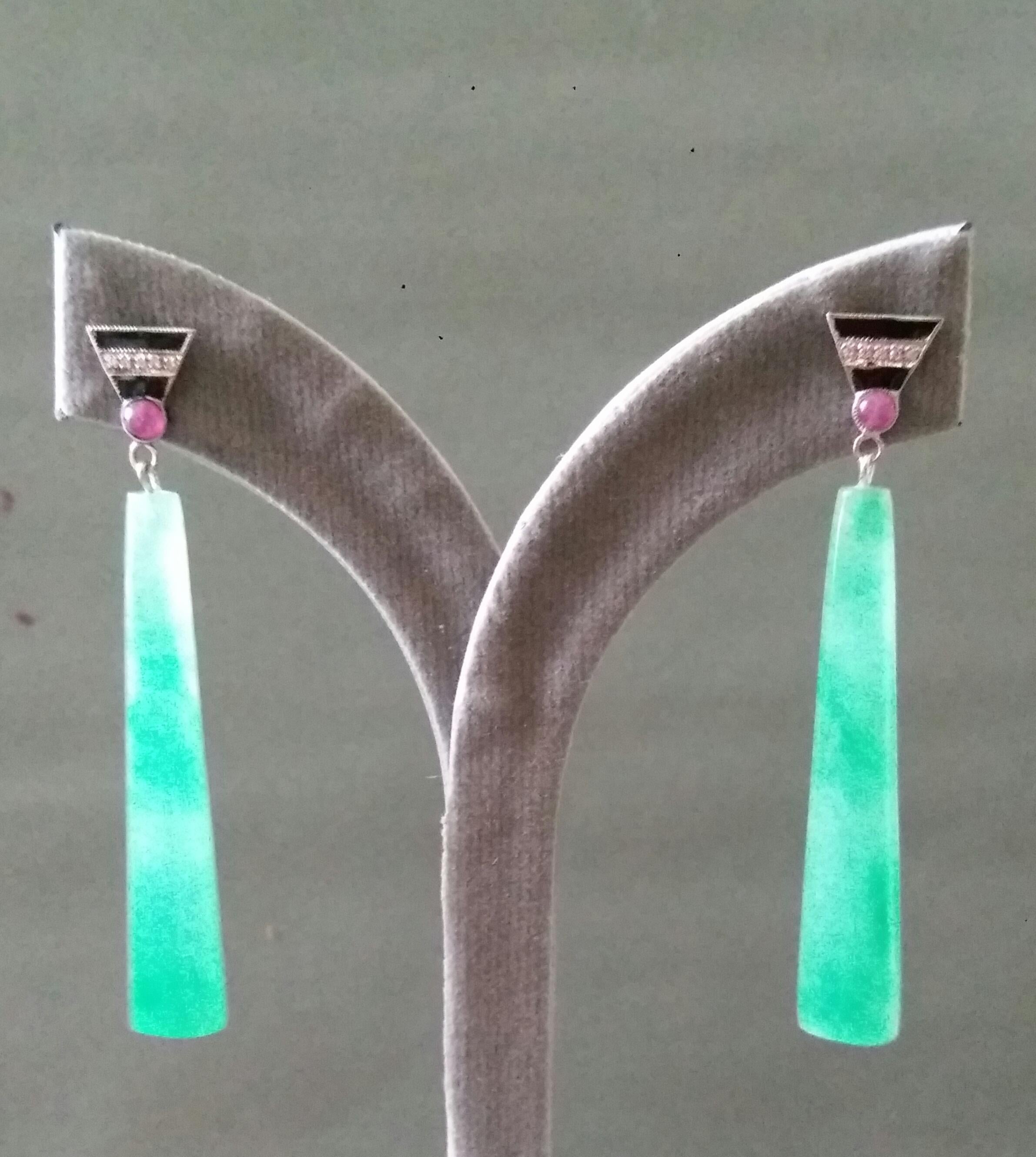 Art Deco Style Gold Rubies Diamonds Black Enamel Engraved Jade Dangle Earrings For Sale 4