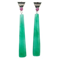 Art Deco Style Gold Rubies Diamonds Black Enamel Engraved Jade Dangle Earrings