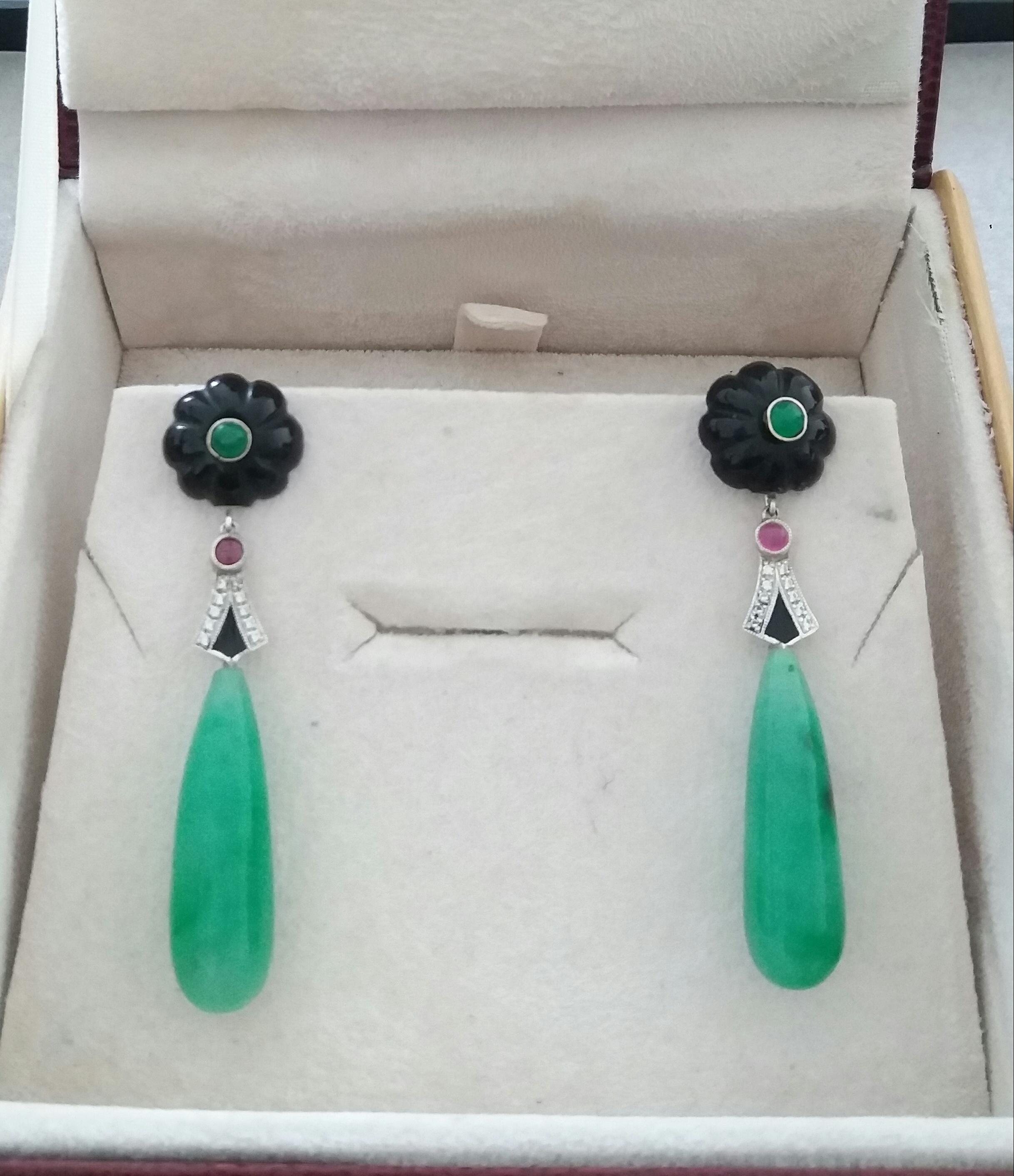 Art Deco Style Gold Rubies Emeralds Black Onyx Diamonds Enamel Jade Earrings For Sale 2
