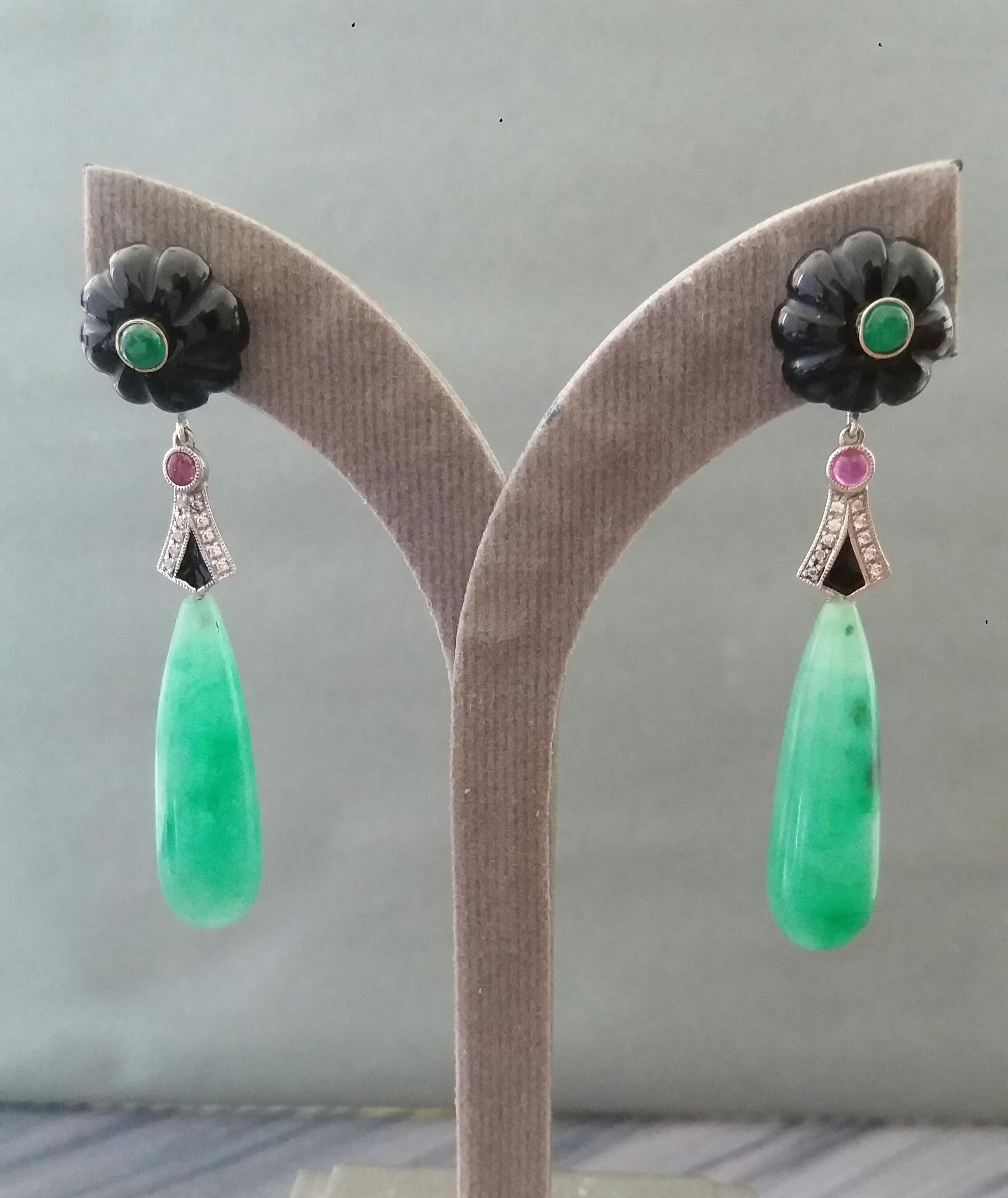 Art Deco Style Gold Rubies Emeralds Black Onyx Diamonds Enamel Jade Earrings For Sale 4