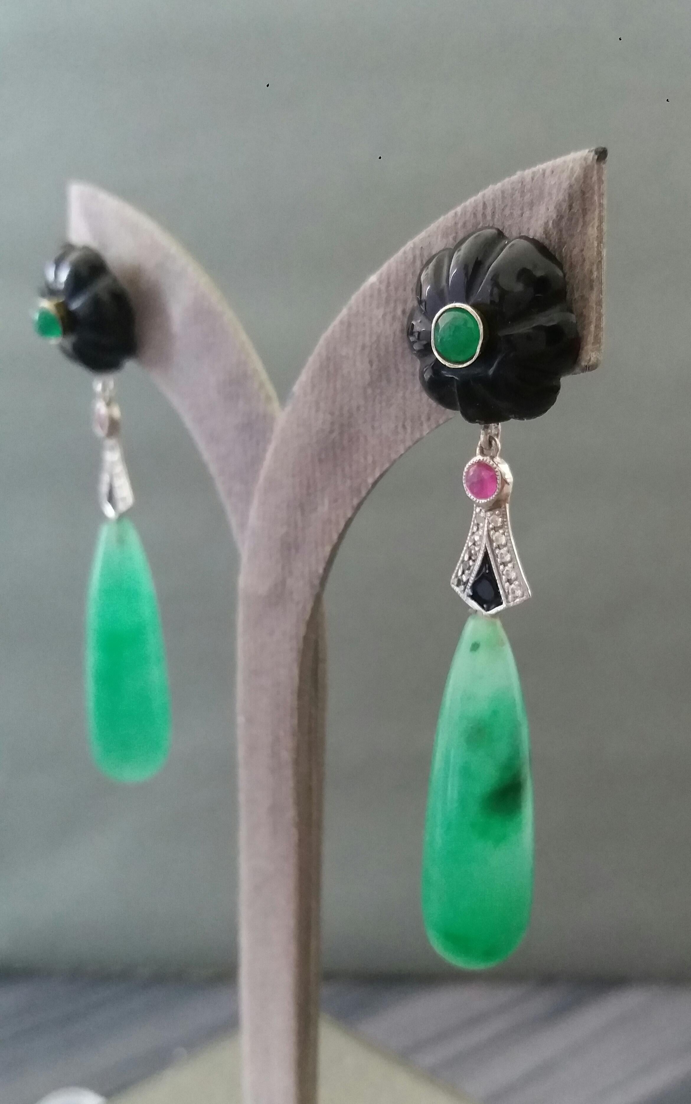 Art Deco Style Gold Rubies Emeralds Black Onyx Diamonds Enamel Jade Earrings For Sale 5