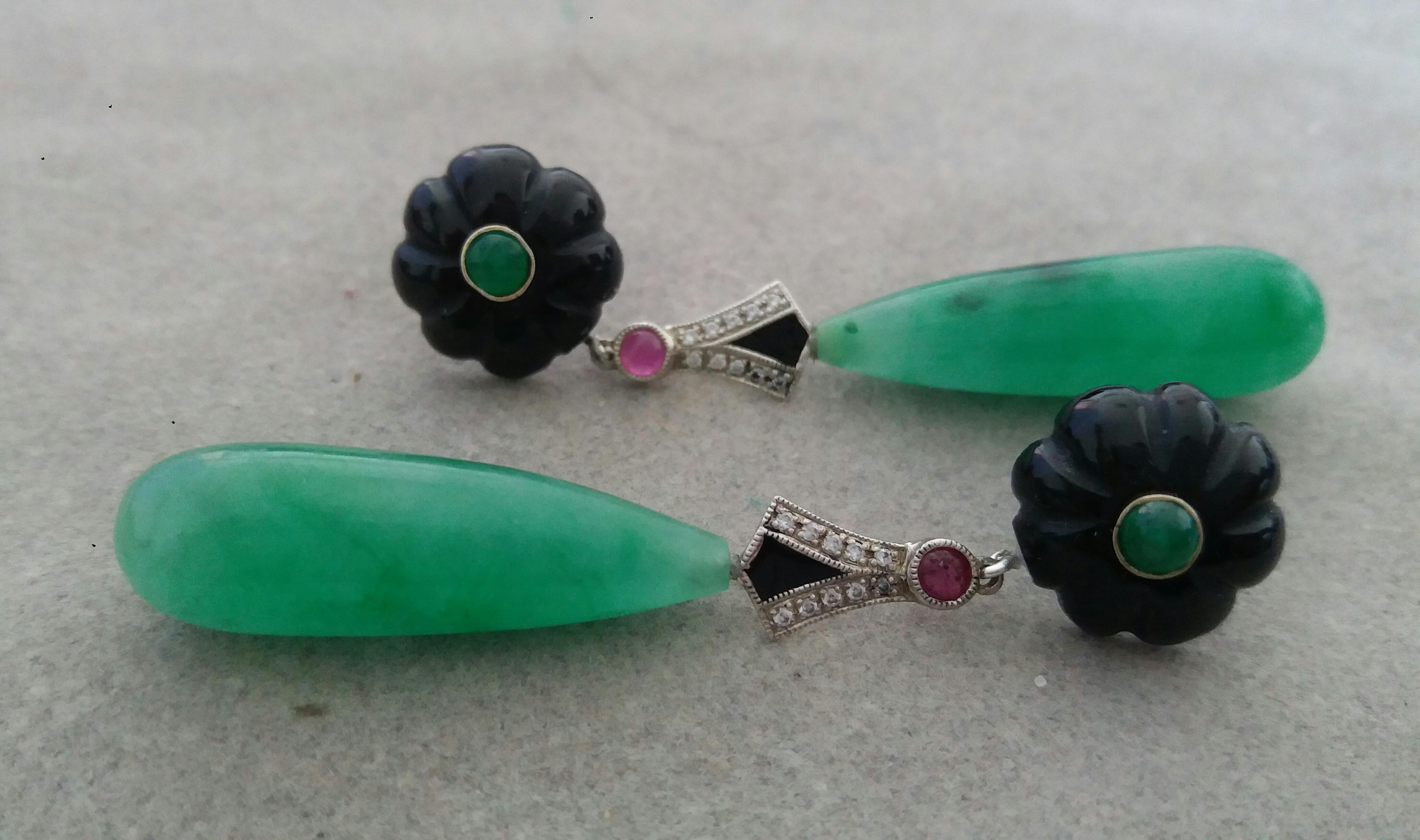 Women's Art Deco Style Gold Rubies Emeralds Black Onyx Diamonds Enamel Jade Earrings For Sale