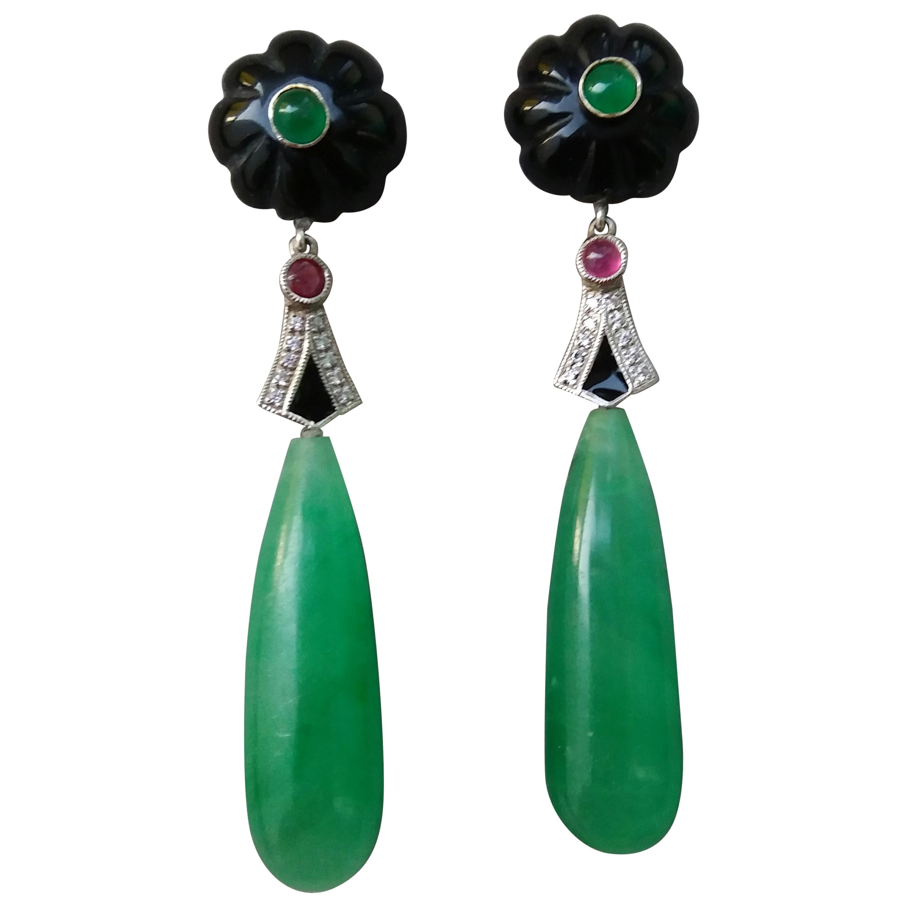 Art Deco Style Gold Rubies Emeralds Black Onyx Diamonds Enamel Jade Earrings For Sale