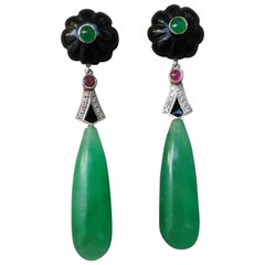 Art Deco Style Gold Rubies Emeralds Black Onyx Diamonds Enamel Jade Earrings