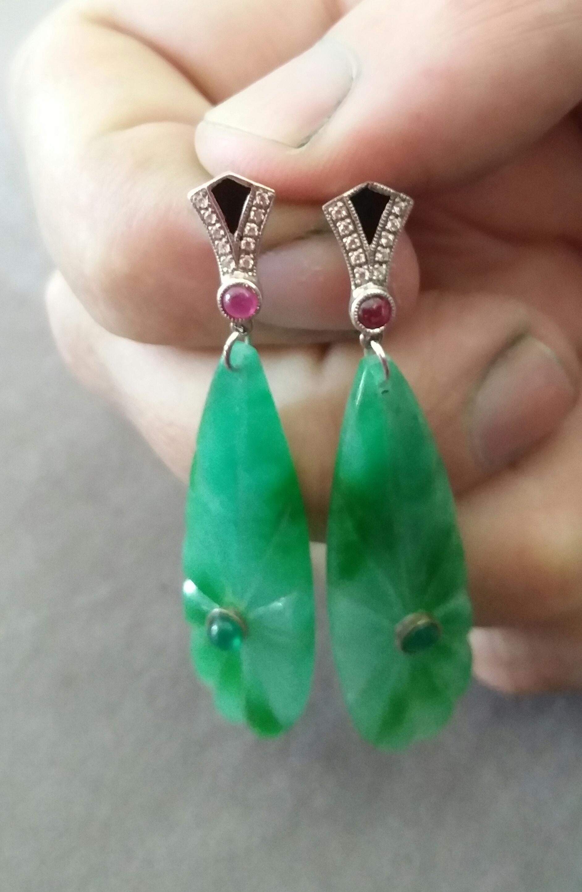 Art Deco Style Gold Rubies Emeralds Diamonds Black Enamel Jade Dangle Earrings In Good Condition For Sale In Bangkok, TH