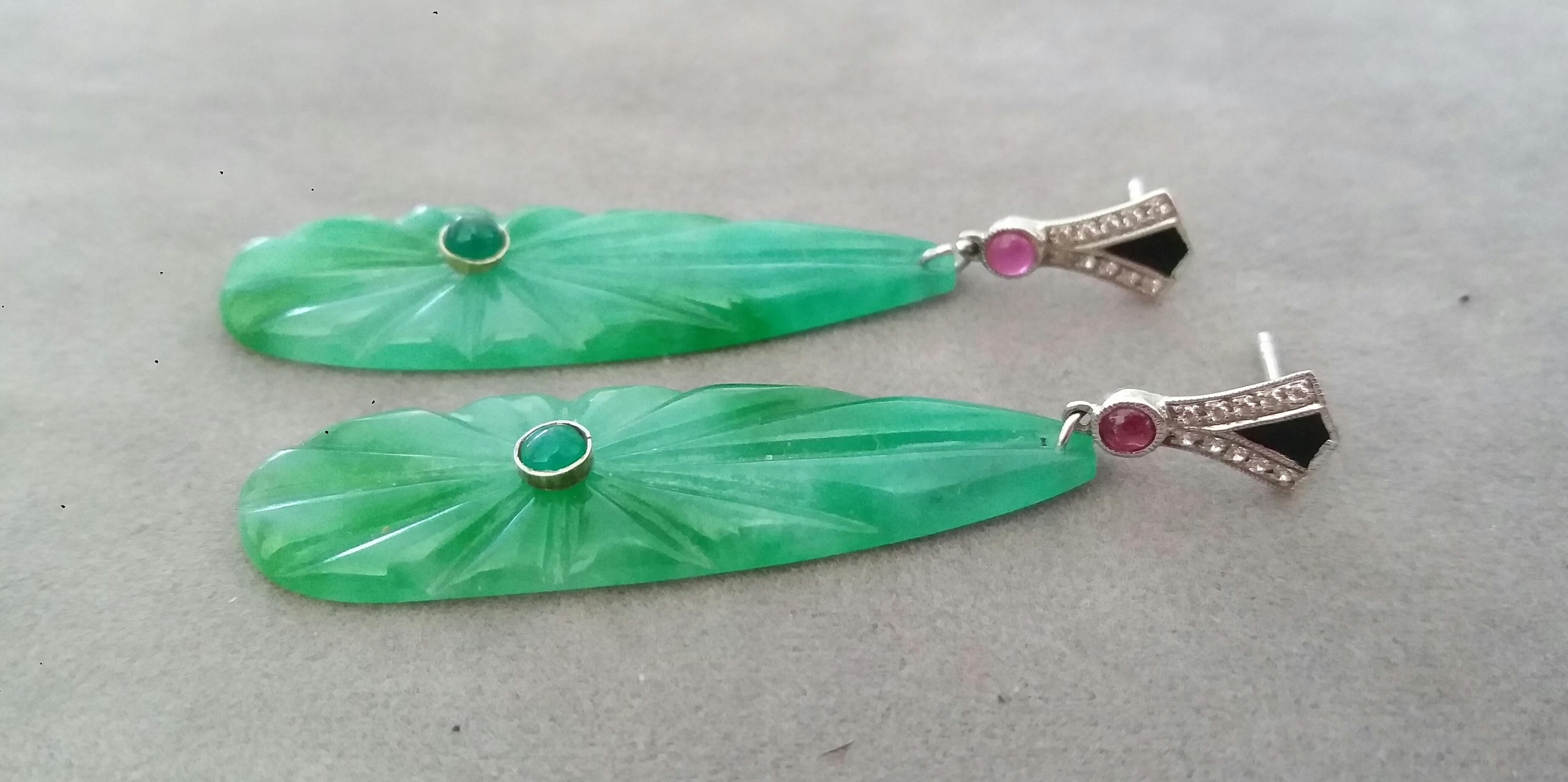 Women's Art Deco Style Gold Rubies Emeralds Diamonds Black Enamel Jade Dangle Earrings For Sale