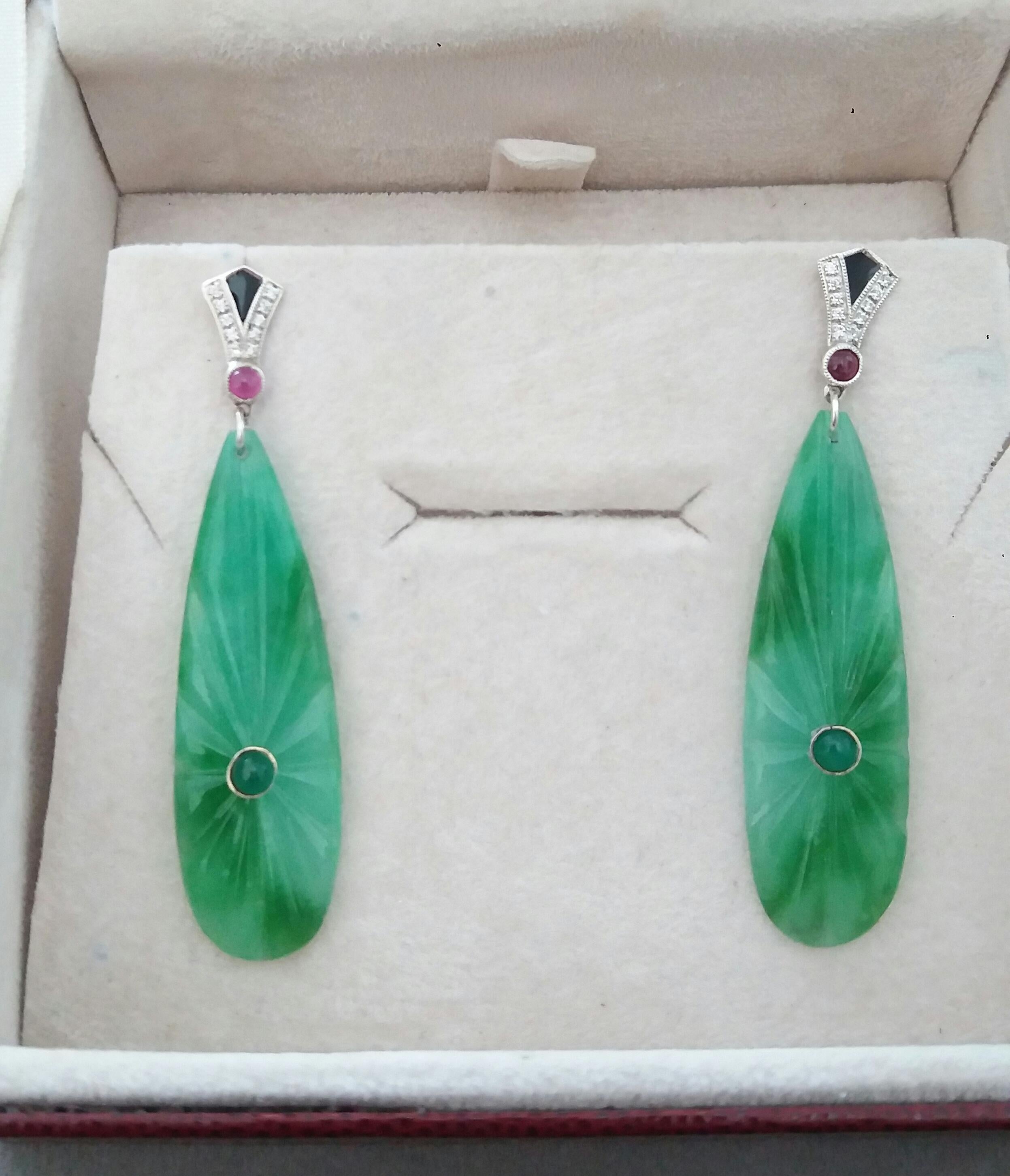 Art Deco Style Gold Rubies Emeralds Diamonds Black Enamel Jade Dangle Earrings For Sale 1