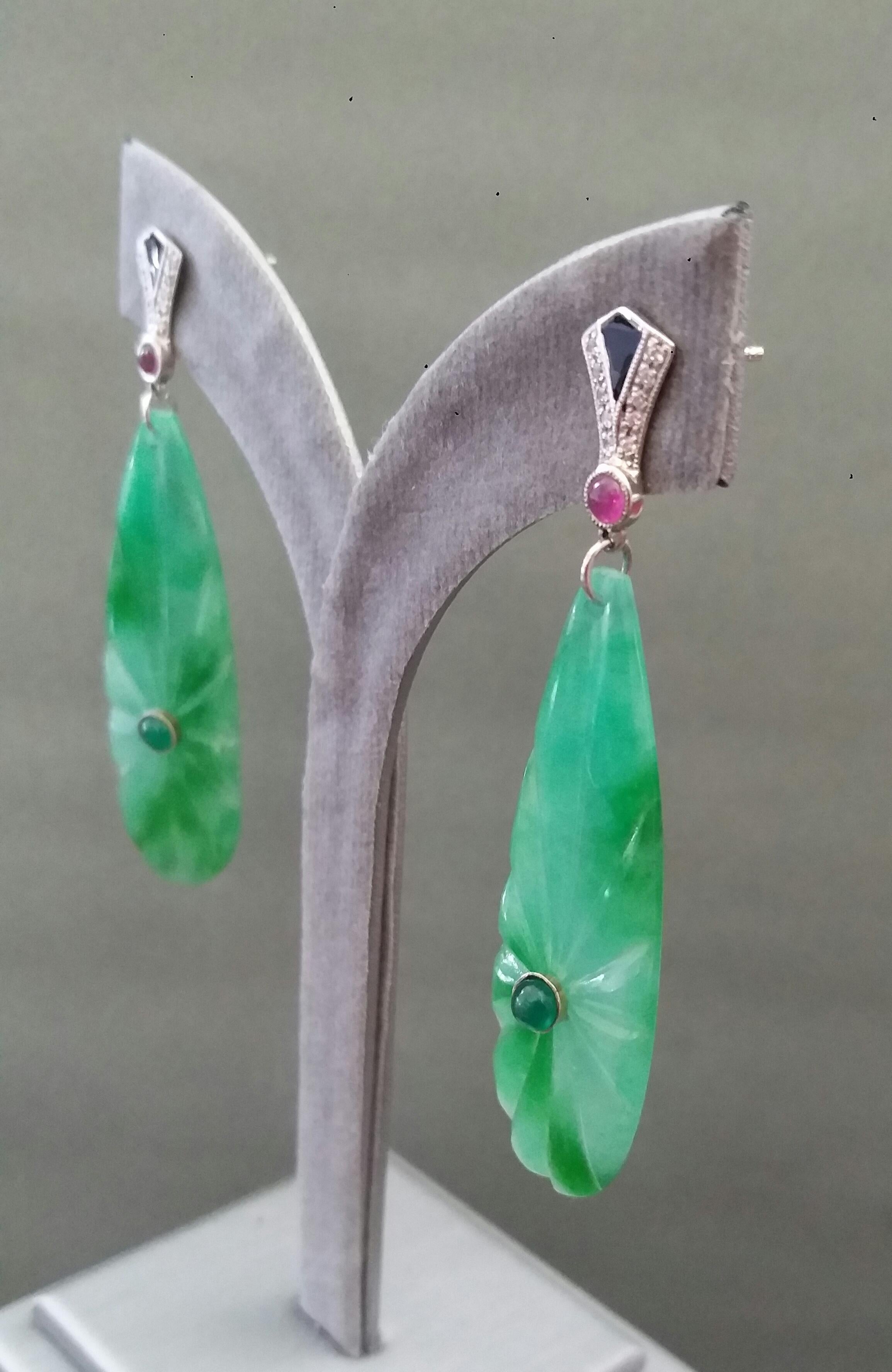 Art Deco Style Gold Rubies Emeralds Diamonds Black Enamel Jade Dangle Earrings For Sale 4